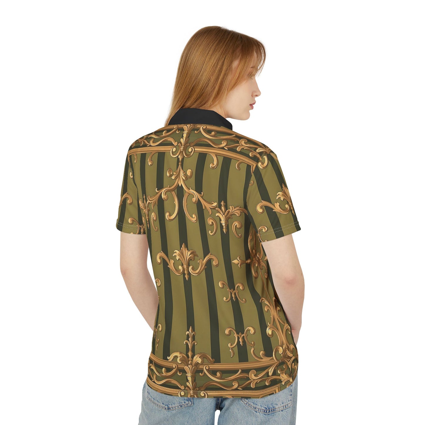 Elegant Baroque Unisex Polo Shirt, Stylish Casual Top, Fashionable Gift, Summer Wardrobe Essential - Olive Green Striped Rococo