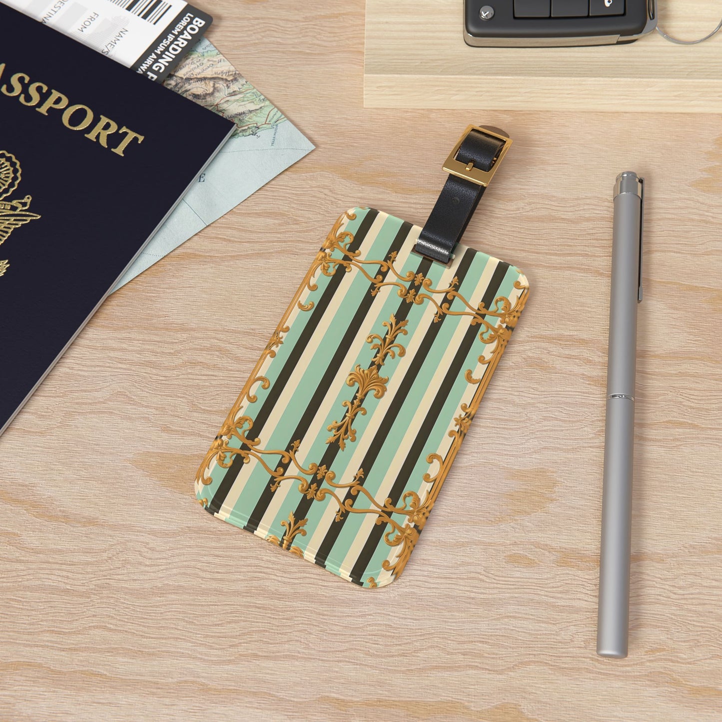 Chic Luggage Tag - Stylish Travel Accessory, Personalized Gift, Vacation Essential, Unique Baggage Identifier - Black & Matte Mint Striped Rococo