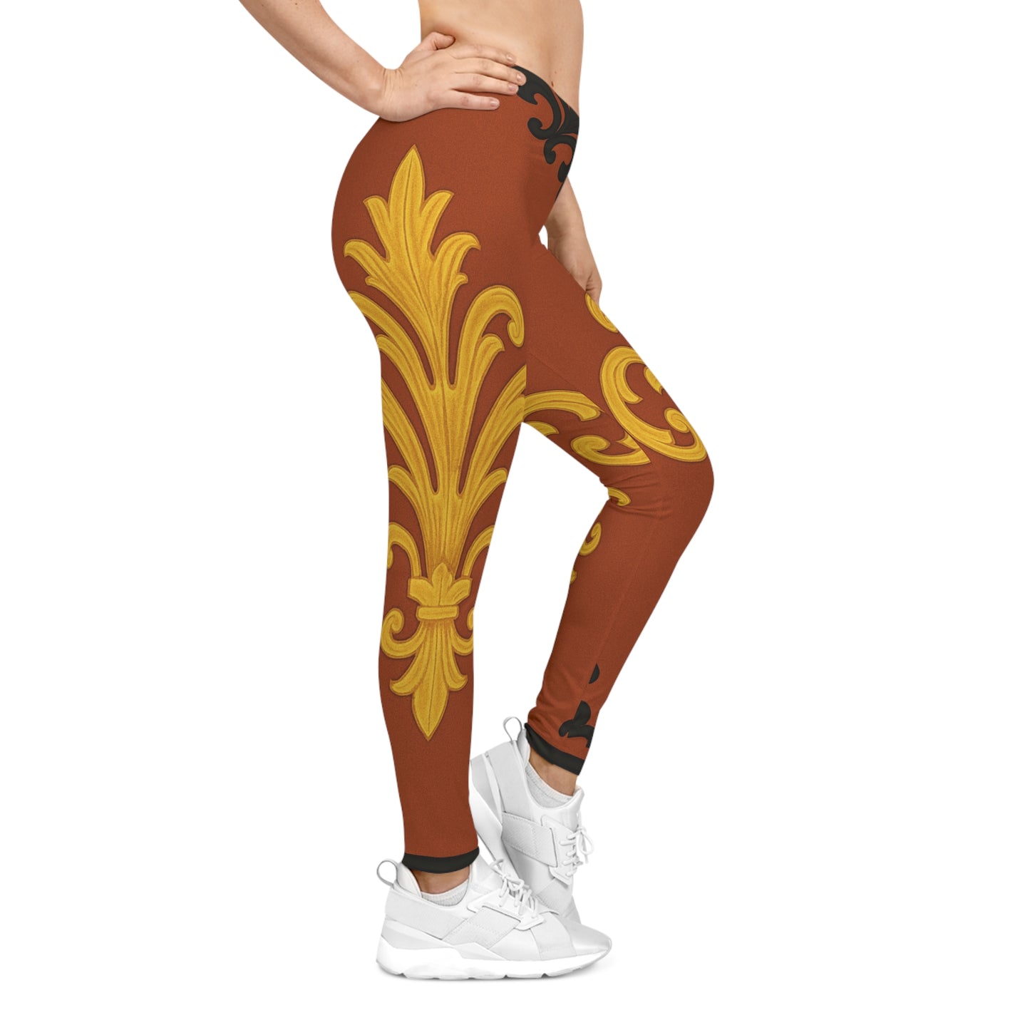 Dusk Terracotta Baroque Scroll Print Leggings — Terracotta & Gold Floral AOP