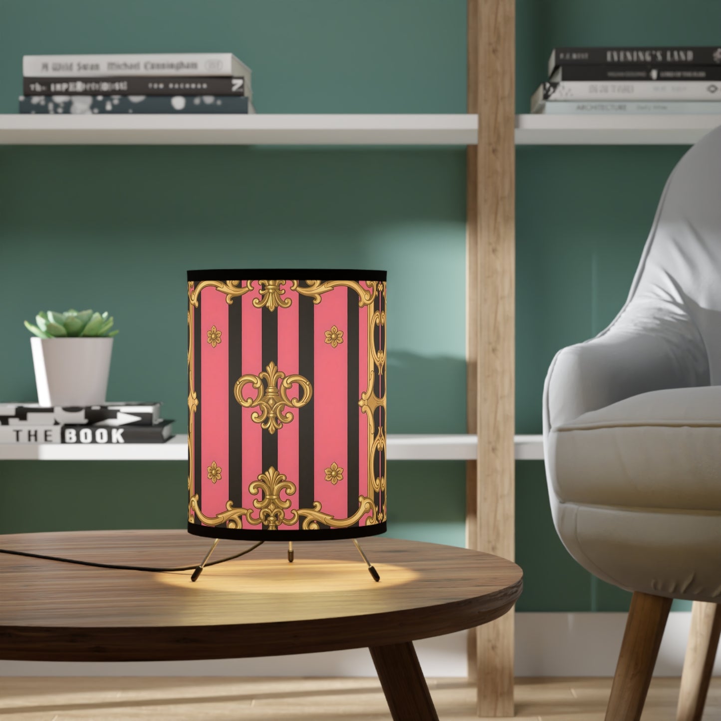 Luxurious Tripod Lamp, Decorative Table Light, Boho Home Decor, Unique Gift for Her - Pink & Black Striped Gold Baroque