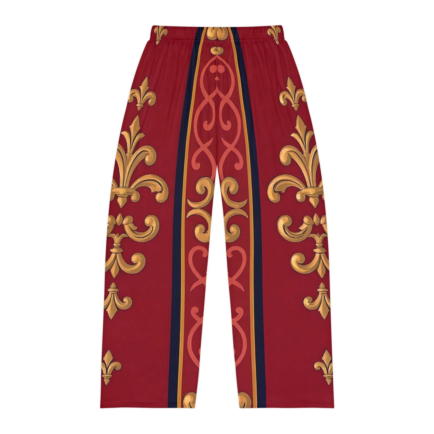 Men's Pajama Pants - Luxurious Red Patterned Lounge Wear, Gift for Him, Stylish Nightwear - Midnight Blue & Dusk Red Gold Baroque