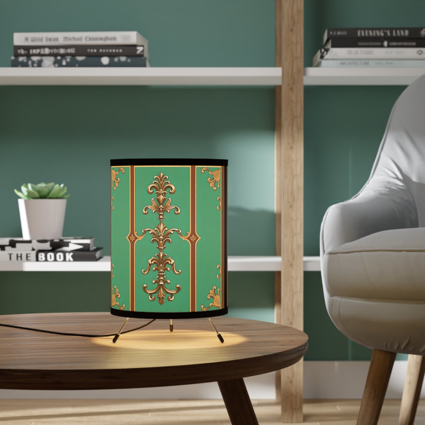 Elegant Tripod Lamp with Vintage Florals - High-Res Printed Shade - Rust & Green Striped Baroque