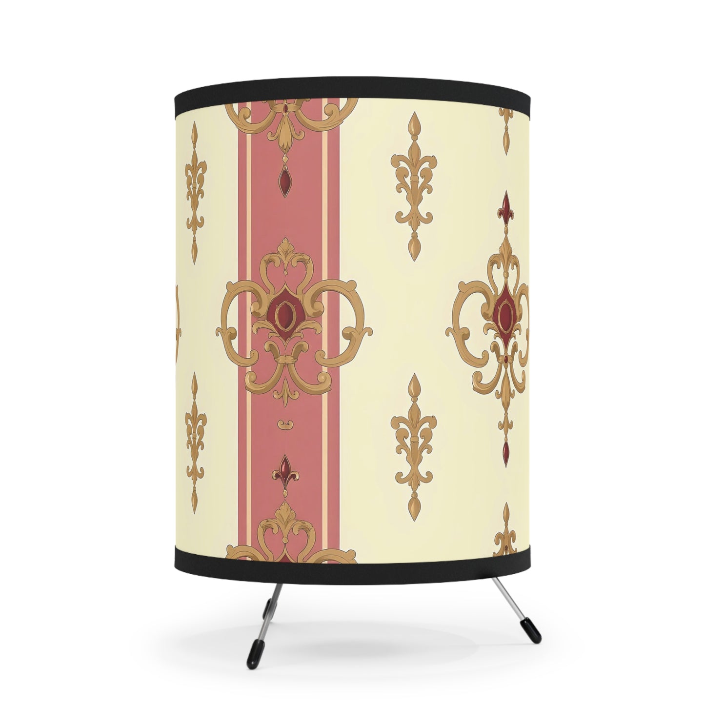 Elegant Tripod Lamp with Vintage Floral Print Shade - High-Res Home Accent - Mauve Striped Gold Damask