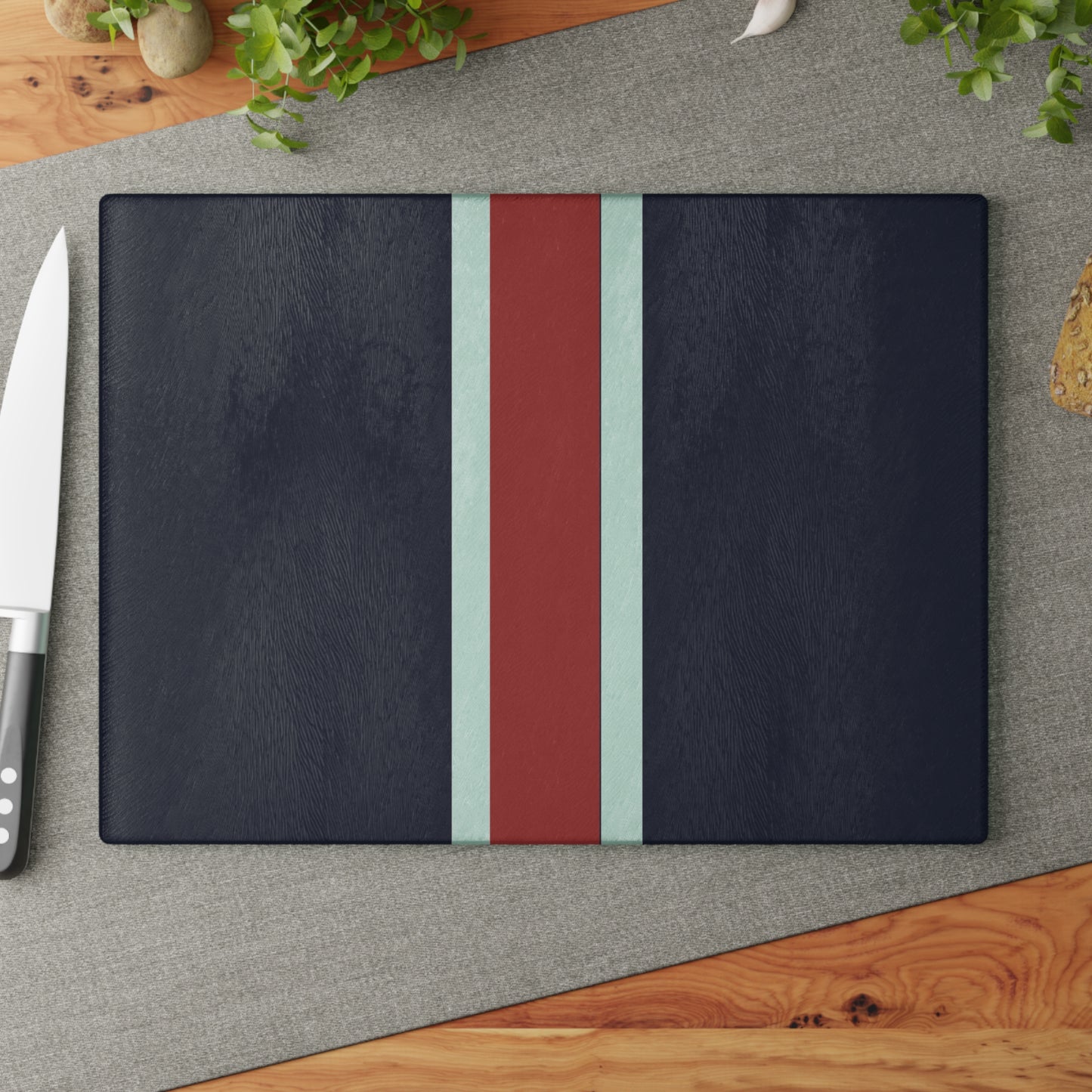 Lunar Midnight & Red-White Striped Stylish Glass Cutting Board – Modern Kitchen Decor, Gift for Housewarming, Wedding, Anniversary