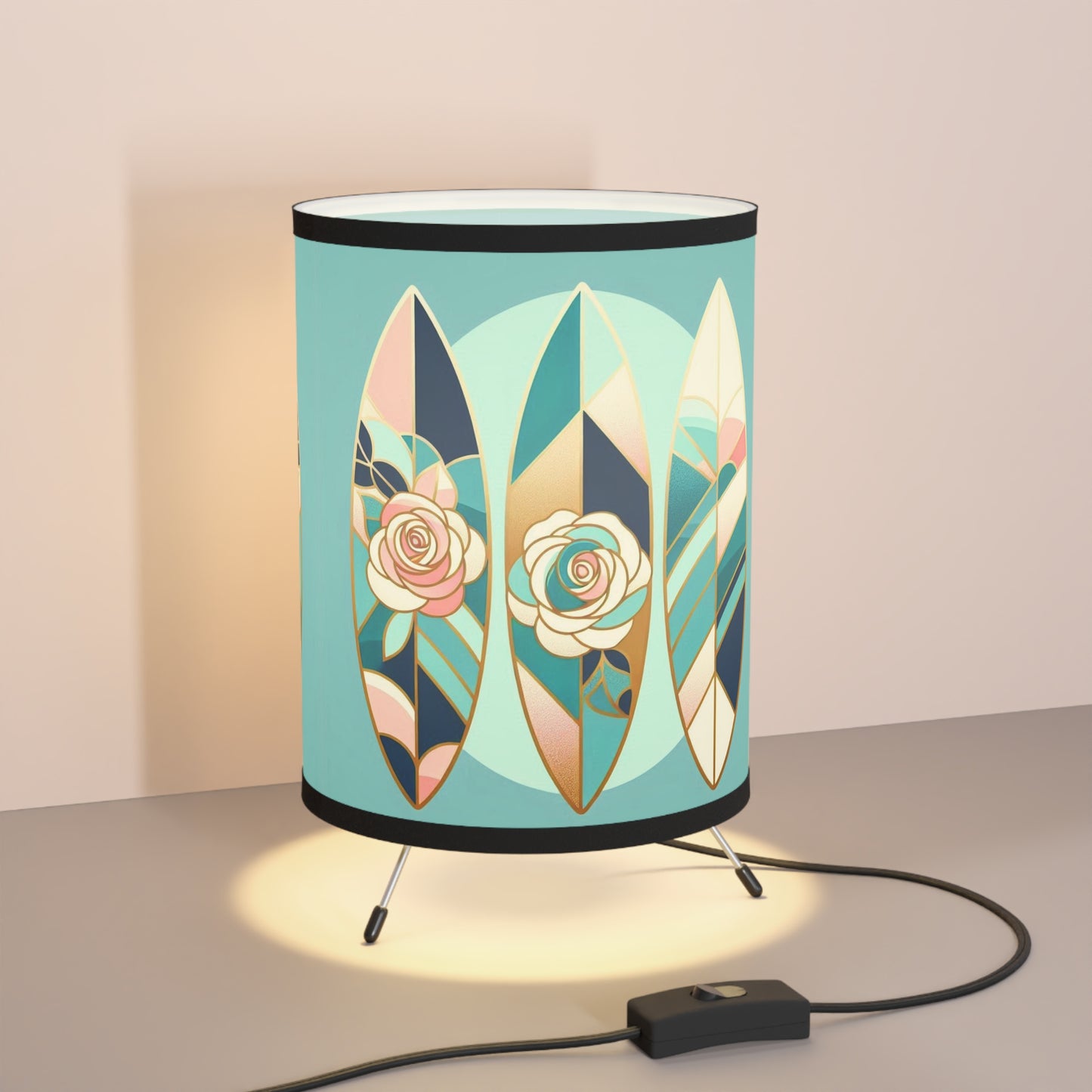 Boho Surf Tripod Lamp with Floral Design - High-Res Printed Shade - Blue, Pink & Aqua Surfboard & Roses Design
