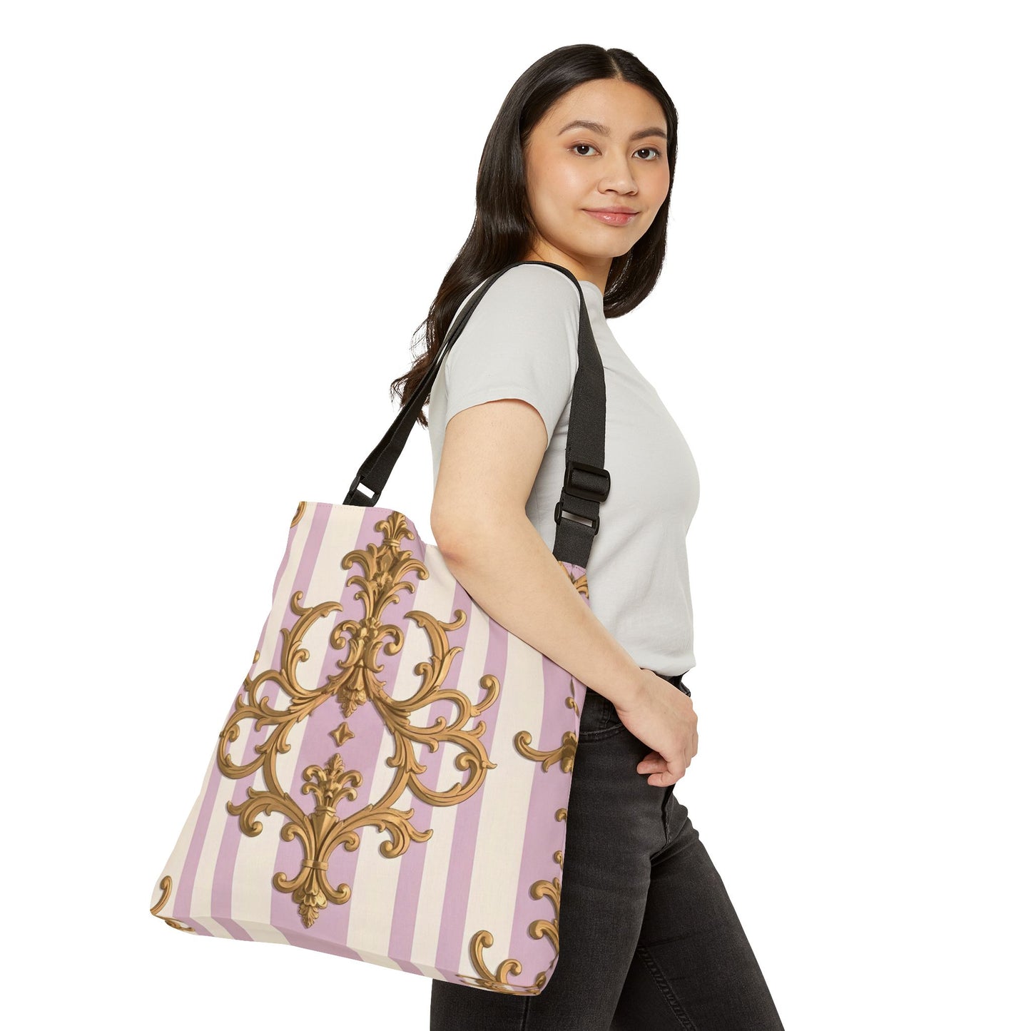 Elegant Floral Adjustable Tote Bag, Perfect for Shopping, Travel, Gym, Gifts, Special Occasions - Lilac & Alabaster Striped Gold Baroque