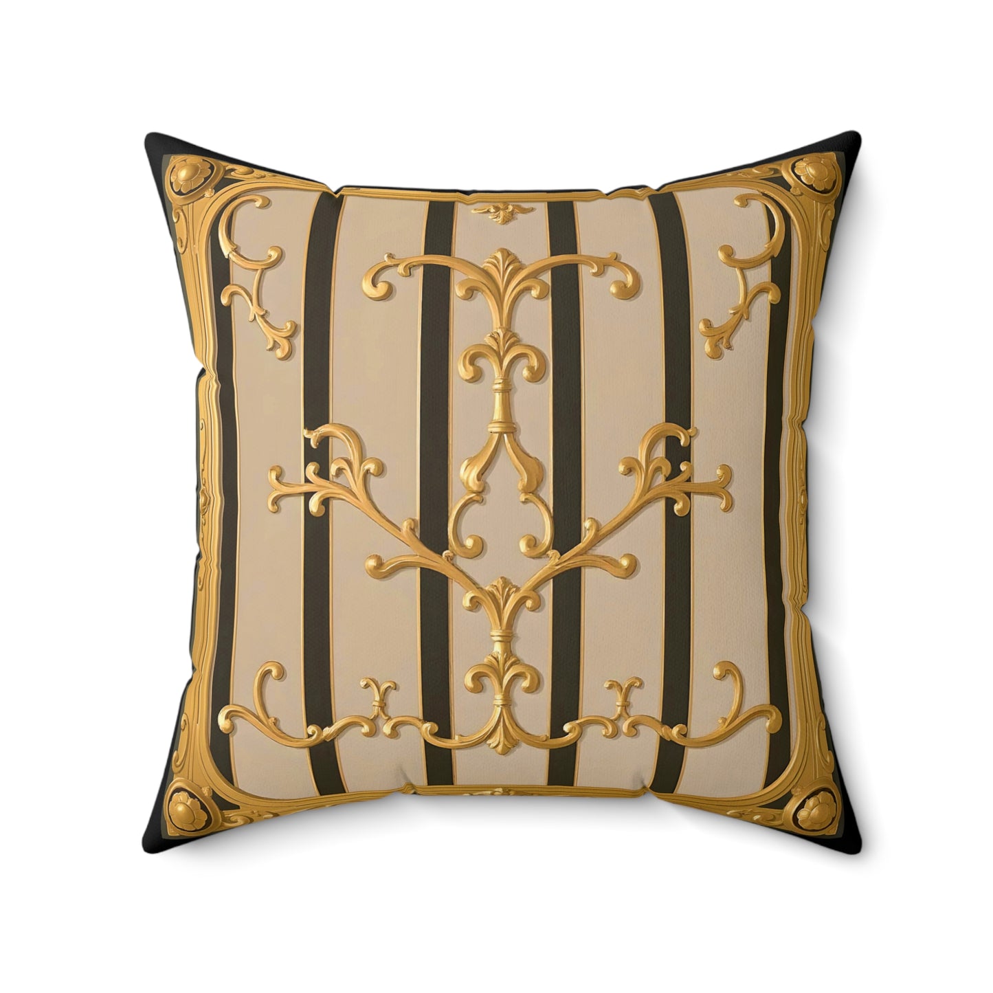 Elegant Faux Suede Square Pillow with Ornate Design, Decorative Cushion, Home Decor, Luxury Throw Pillow - Beige Striped Gold Rococo