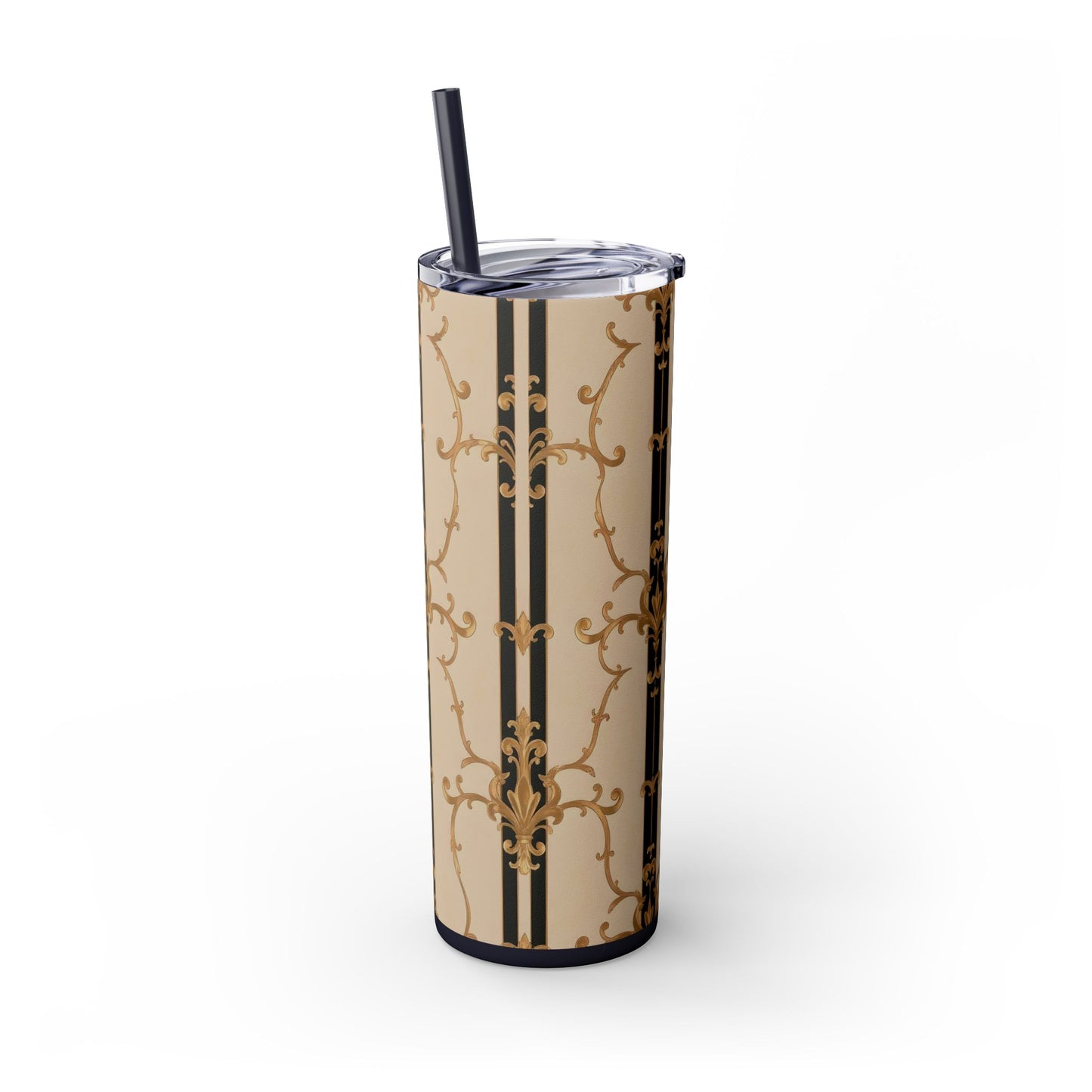 Elegant Gold Patterned Skinny Tumbler with Straw, 20oz | Stylish Travel Mug, Gift for Her, Fancy Drinkware - Black & Beige Striped Damask