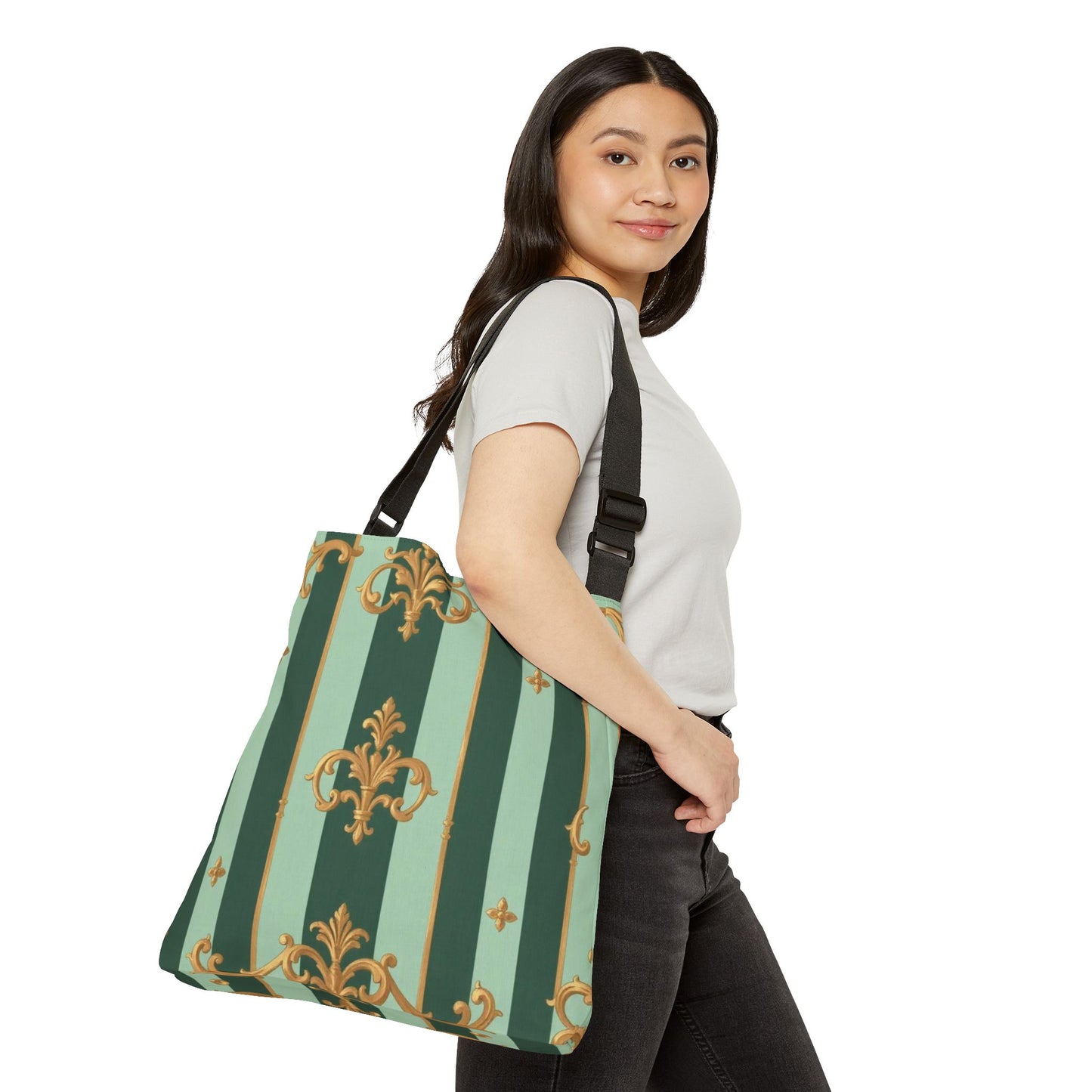 Elegant Floral Adjustable Tote Bag, Stylish Eco-Friendly Purse, Versatile Carry-All for Daily Use - Mint Green & Teal Striped Gold Baroque