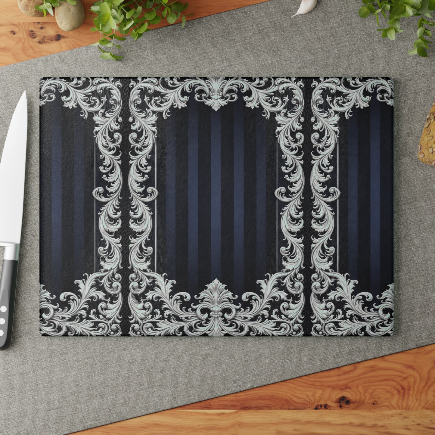 Navy Stripes & Baroque Glass Cutting Board — Elegant Vintage Baroque Scroll Design (Blue or Silver)