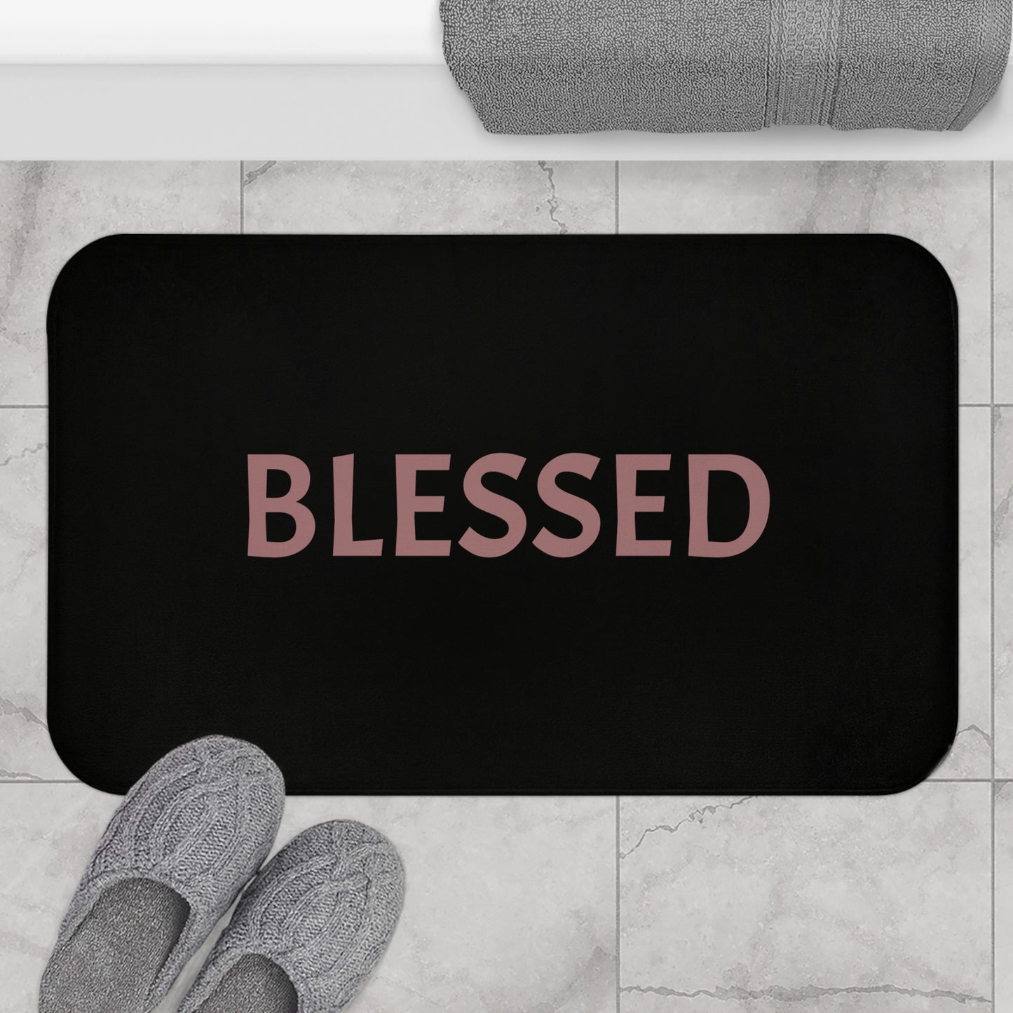 Blessed Bath Mat, Inspirational Home Decor, Religious Gift, Bathroom Accessory, Cozy Rug, Housewarming Gift - Mauve Lettering