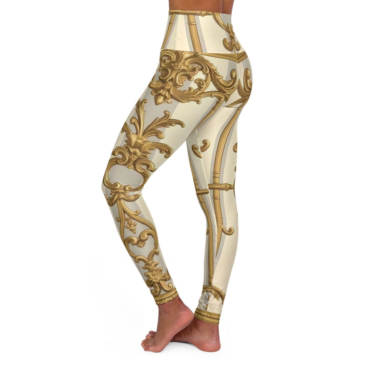 Elegant High Waisted Yoga Leggings, Artistic Activewear for Yoga, Fitness & Lounge, Unique Gift for Her - Matte Gray & Cream Striped Gold Baroque