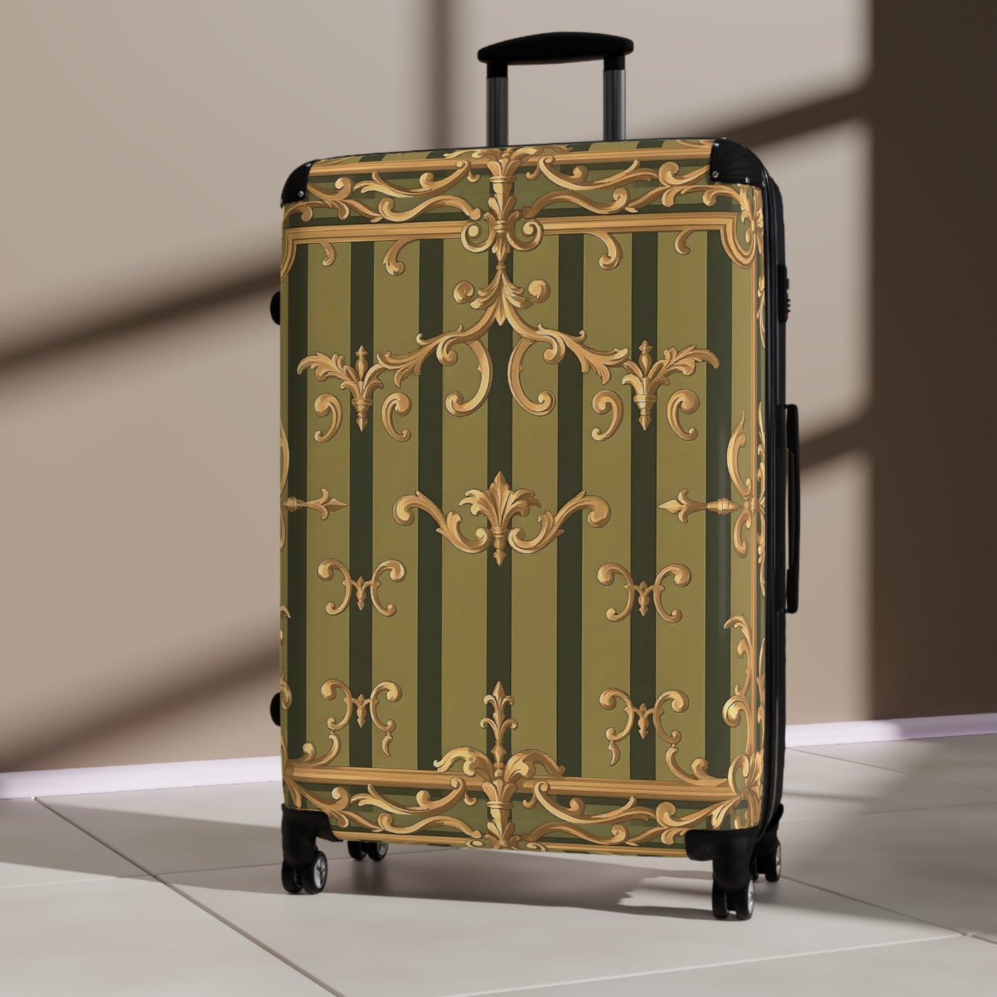 Ornate Travel Suitcase, Stylish Luggage for Adventurers, Vintage-Inspired Carry-On - Olive Green Striped Rococo