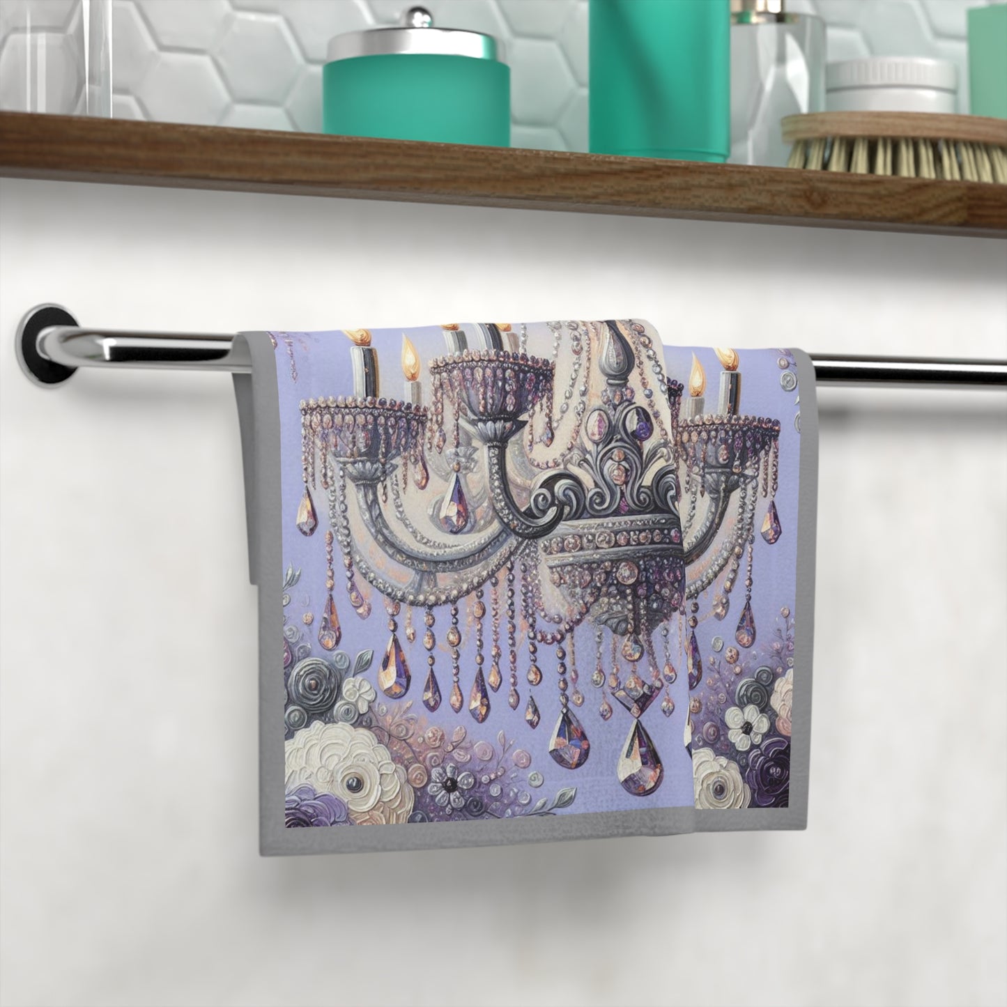 Elegant Floral Chandelier Face Towel | Luxury Bathroom Decor, Gift for Home, Spa Day Essential, Housewarming Gift - Lilac Jeweled Chandelier