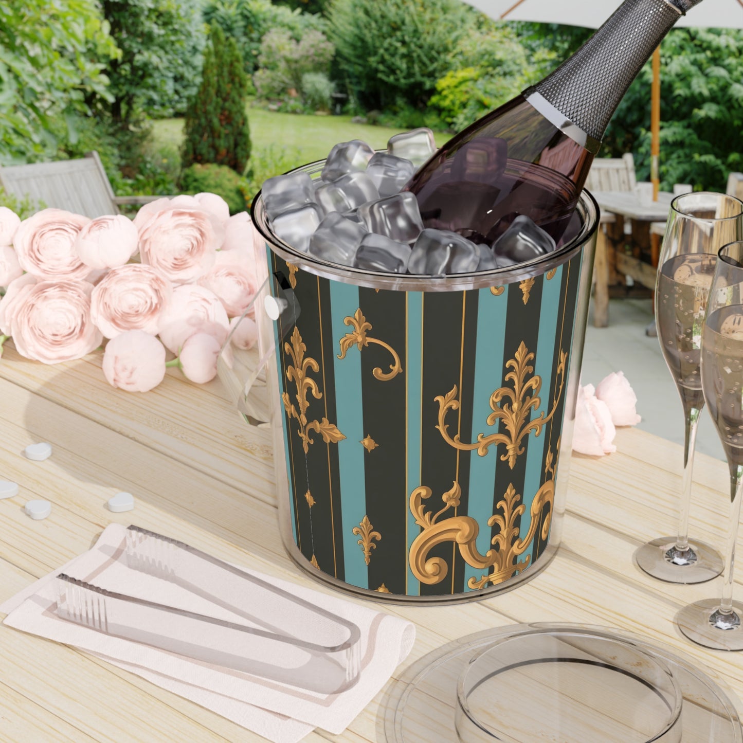 Chic Ice Bucket with Tongs - Elegant Gift for Parties, Home Bar, Weddings, Entertaining, Decorative Cooler - Black & Turquoise Striped Baroque