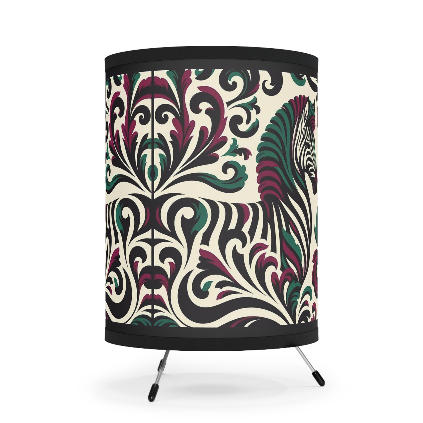 Tripod Lamp - Elegant Vintage Floral Print Home Accent - Burgundy & Green Zebra Damask Design