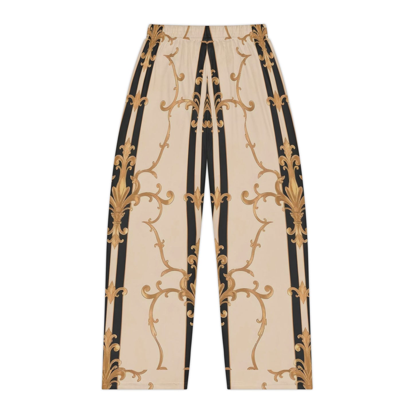 Chic Women's Pajama Pants, Luxurious AOP Lounge Wear, Cozy Sleep Pants, Elegant Homewear, Gift for Her - Black & Beige Striped Damask