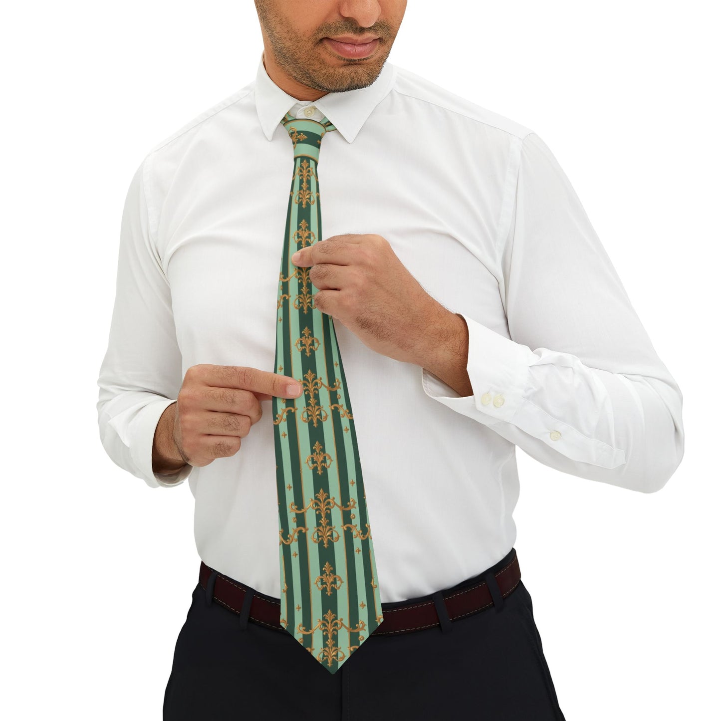 Elegant Floral Necktie, Unique Tie for Weddings, Business Meetings, Gifts for Him, Holiday Accessories - Mint Green & Teal Striped Gold Baroque