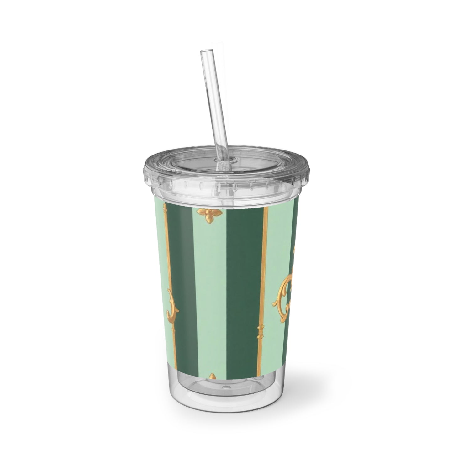 Elegant Acrylic Tumbler, Suave Cup for Home Decor, Travel Mug, Perfect Gift for Birthdays, Weddings - Mint Green & Teal Striped Gold Baroque