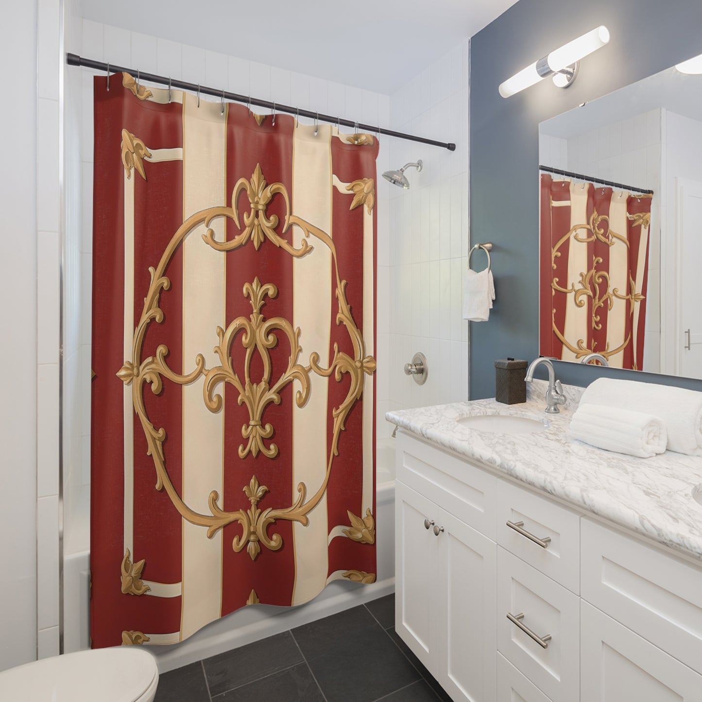 Elegant Vintage Shower Curtain with Alabaster & Dusk Orange Striped Baroque Design