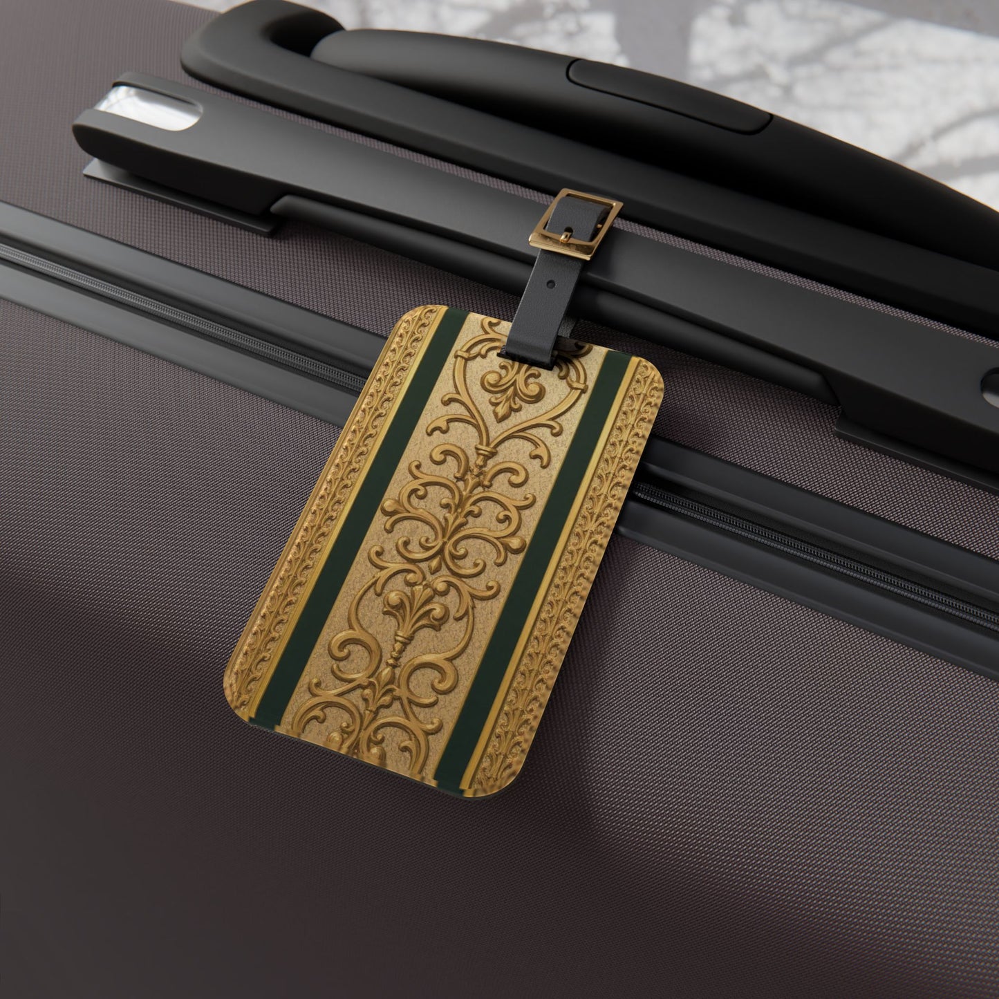Elegant Teal Striped Gold Baroque Travel Luggage Tag, Vintage Style Bag Identifier, Personalized Baggage Tag for Vacation, Wedding, Holiday Travel