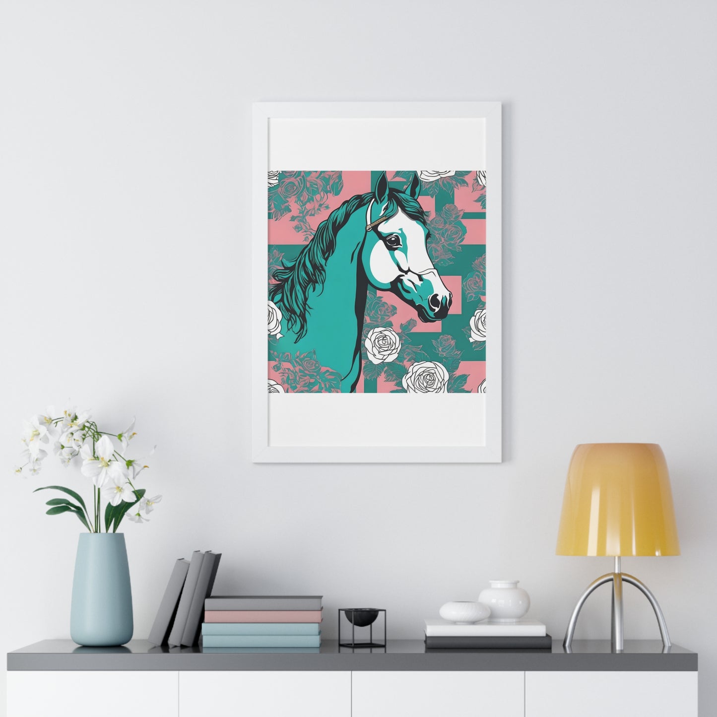 Vertical Poster - Stylish Modern Art for Home Decor - Teal & White Horse