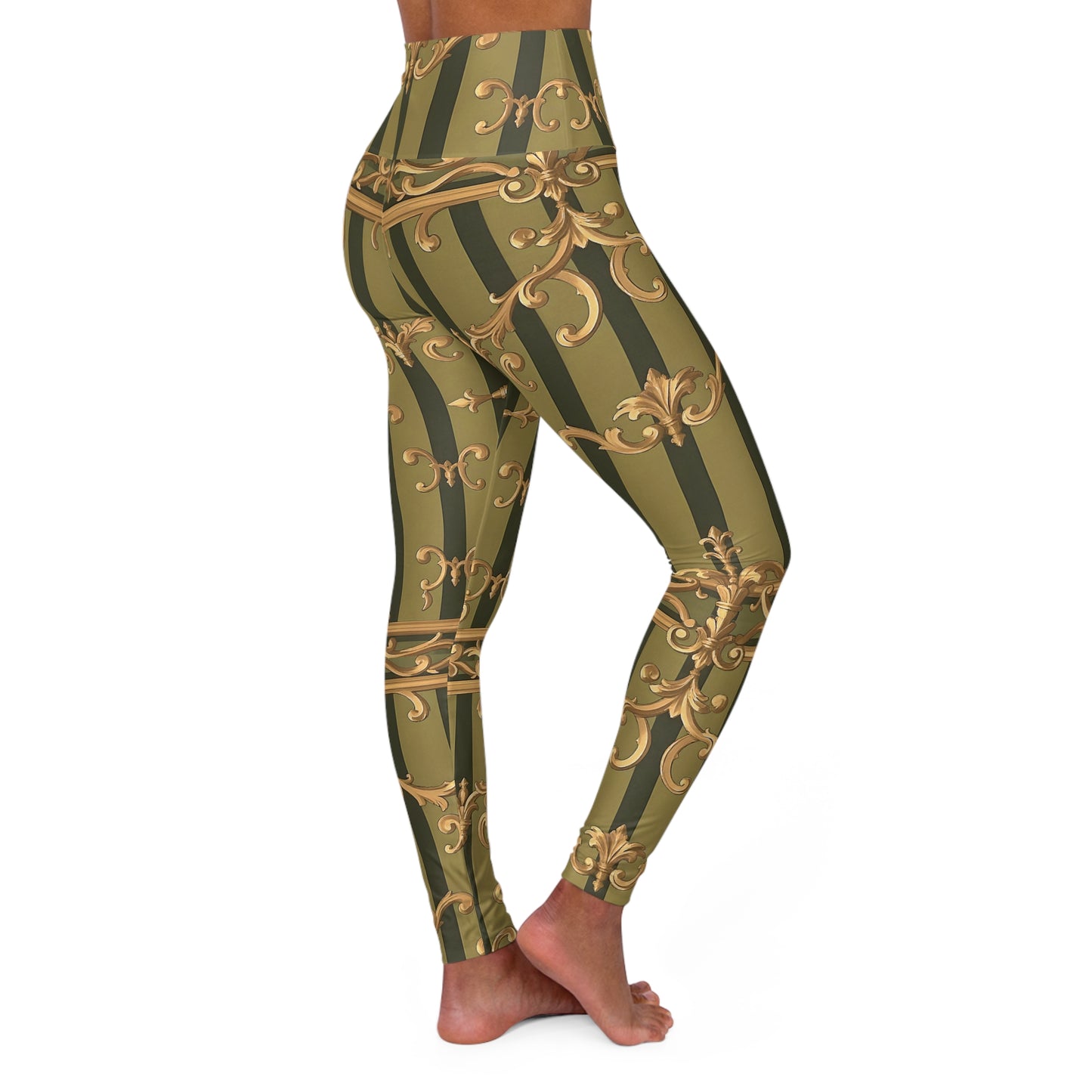 Chic High Waisted Yoga Leggings - Stylish Activewear for Fitness, Yoga, Pilates, Dance, Trendy Athleisure - Olive Green Striped Rococo