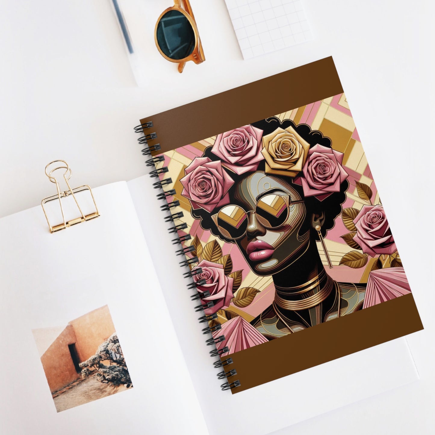 Artistic Spiral Notebook - Floral Afro Woman Design | Perfect for Journaling, Note-Taking, Gifts, Art Lovers, Unique Stationery - Pink Roses Lady