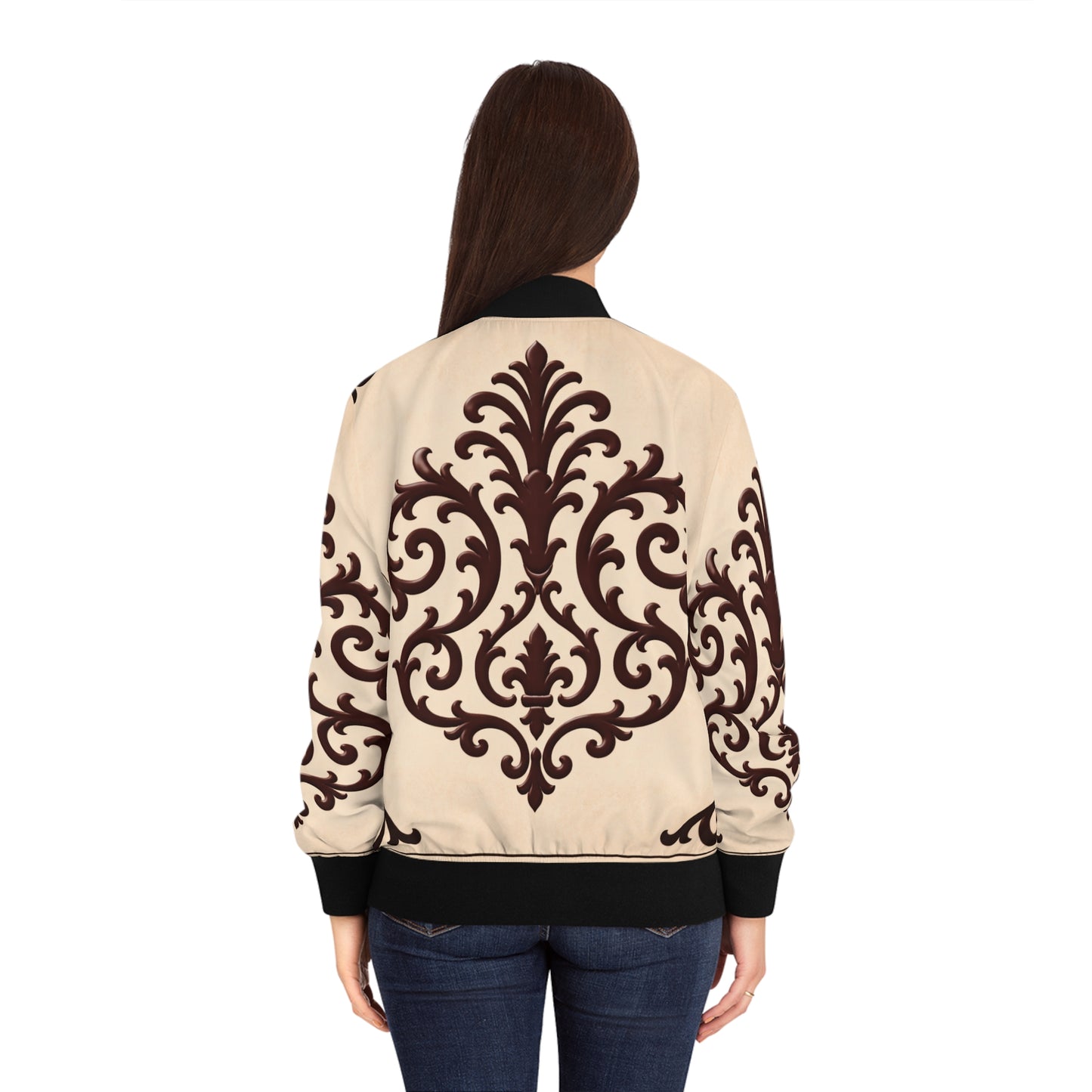 Almond-Beige & Brown Baroque Scroll Pattern Women's Bomber Jacket – Vintage Ornate AOP