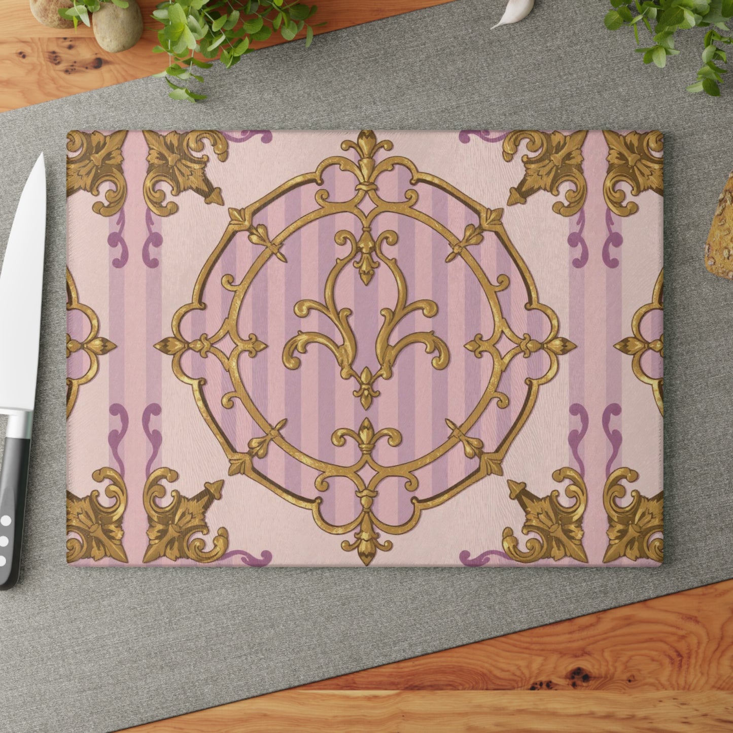 Lavender & Alabaster Striped Gold Baroque Design Glass Cutting Board, Elegant Kitchen Decor, Unique Gift for Home, Birthday, Wedding, Housewarming