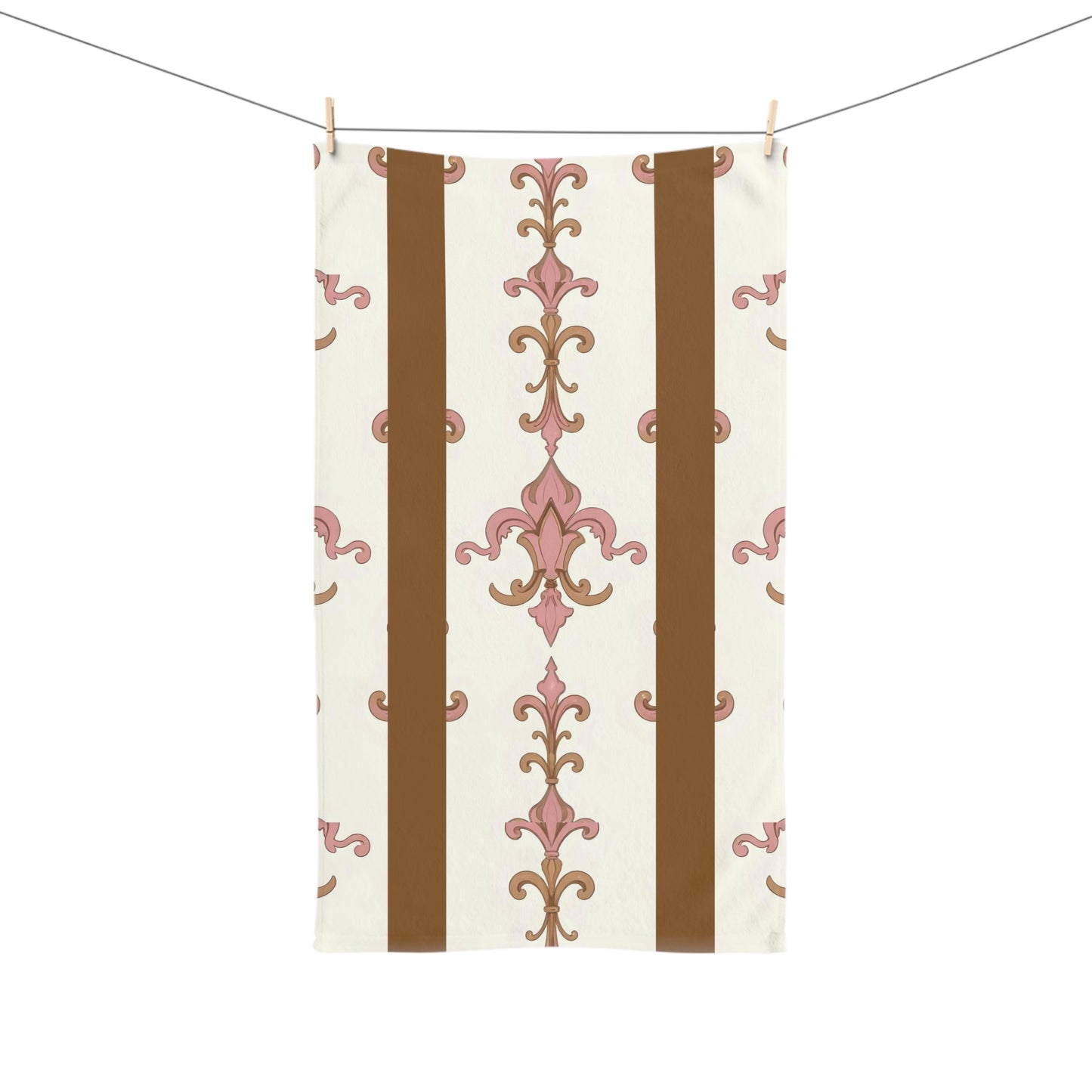 Elegant Decorative Hand Towel for Kitchen or Bath, Floral Towel for Home, Chic Gift, Wedding Gift - Brown Striped Pink Arabesque