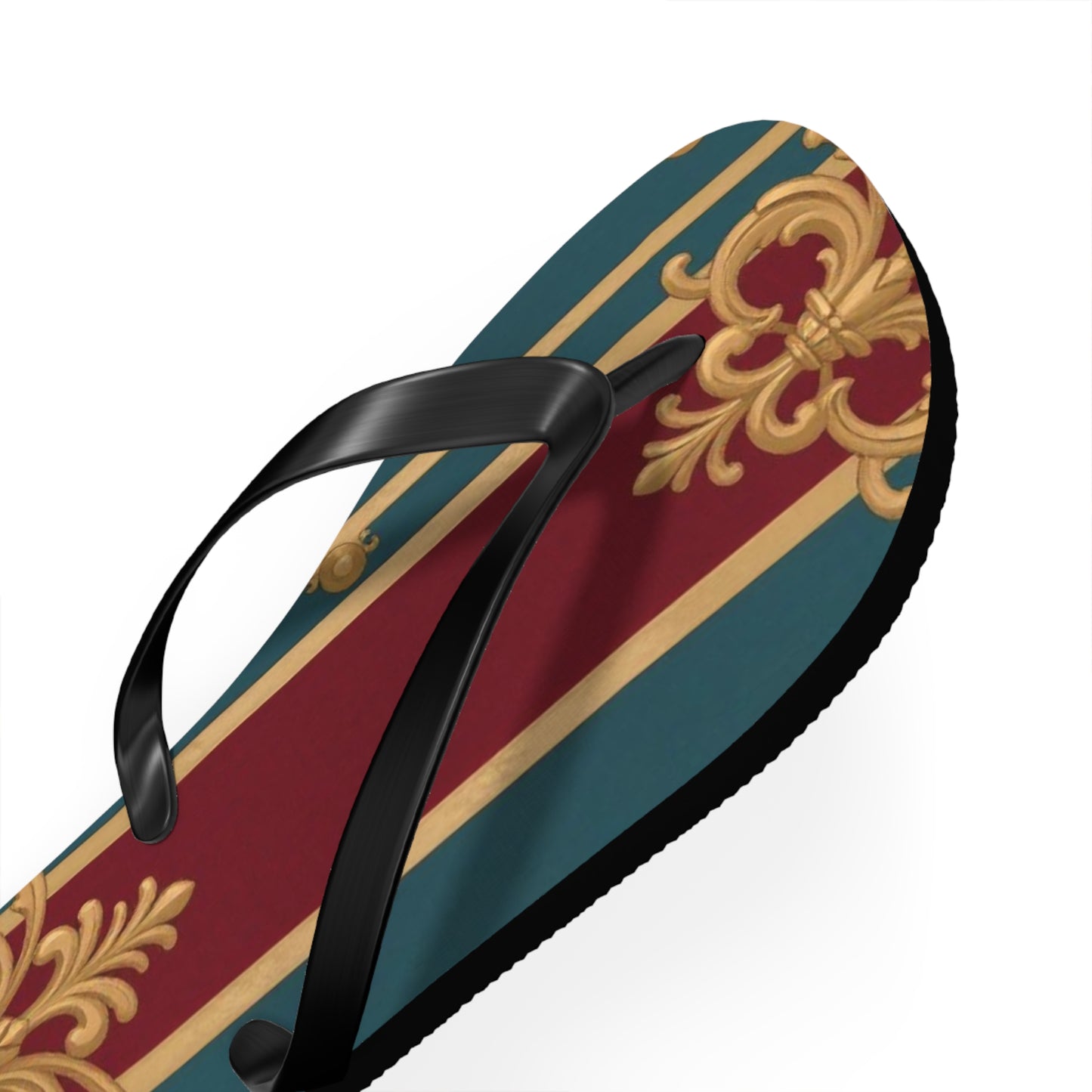 Elegant Floral Pattern Flip Flops, Stylish Beach Footwear, Summer Accessories, Vacation Sandals - Burgundy Striped Gold Baroque