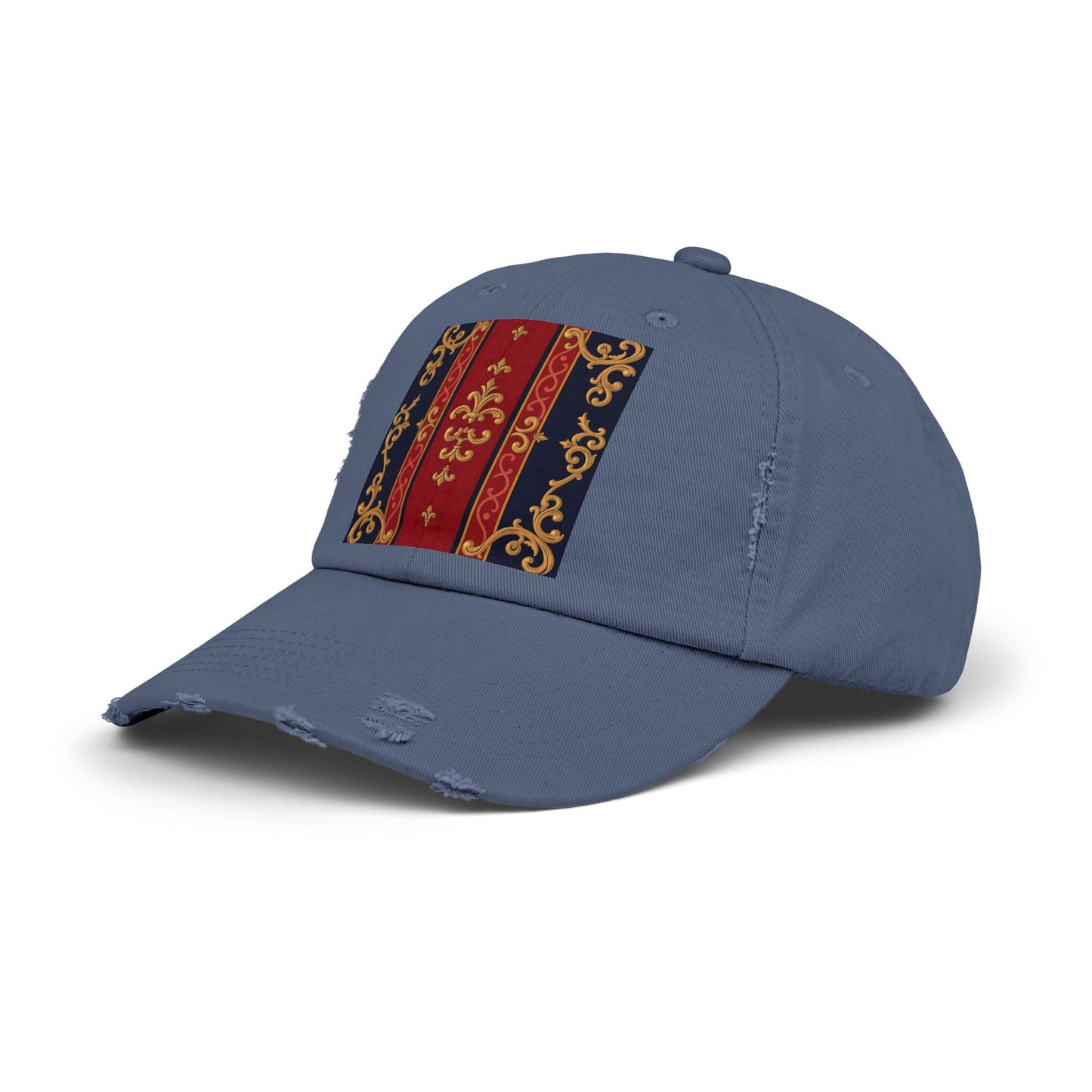 Vintage-Inspired Distressed Cap, Stylish Hat, Perfect Gift for Friends, Fashion Accessory, Unisex Headwear - Midnight Blue & Dusk Red Gold Baroque