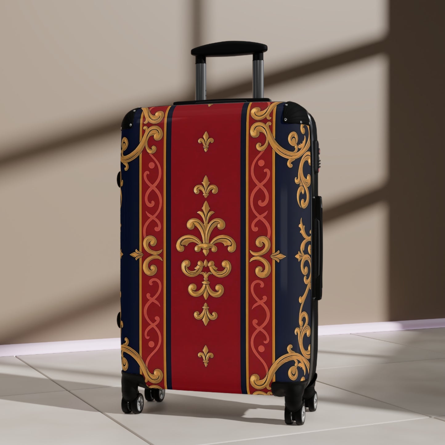 Elegant Travel Suitcase - Stylish Luggage for Jetsetters, Vacationers, Business Travel, Holidays, Gift Idea - Midnight Blue & Dusk Red Gold Baroque