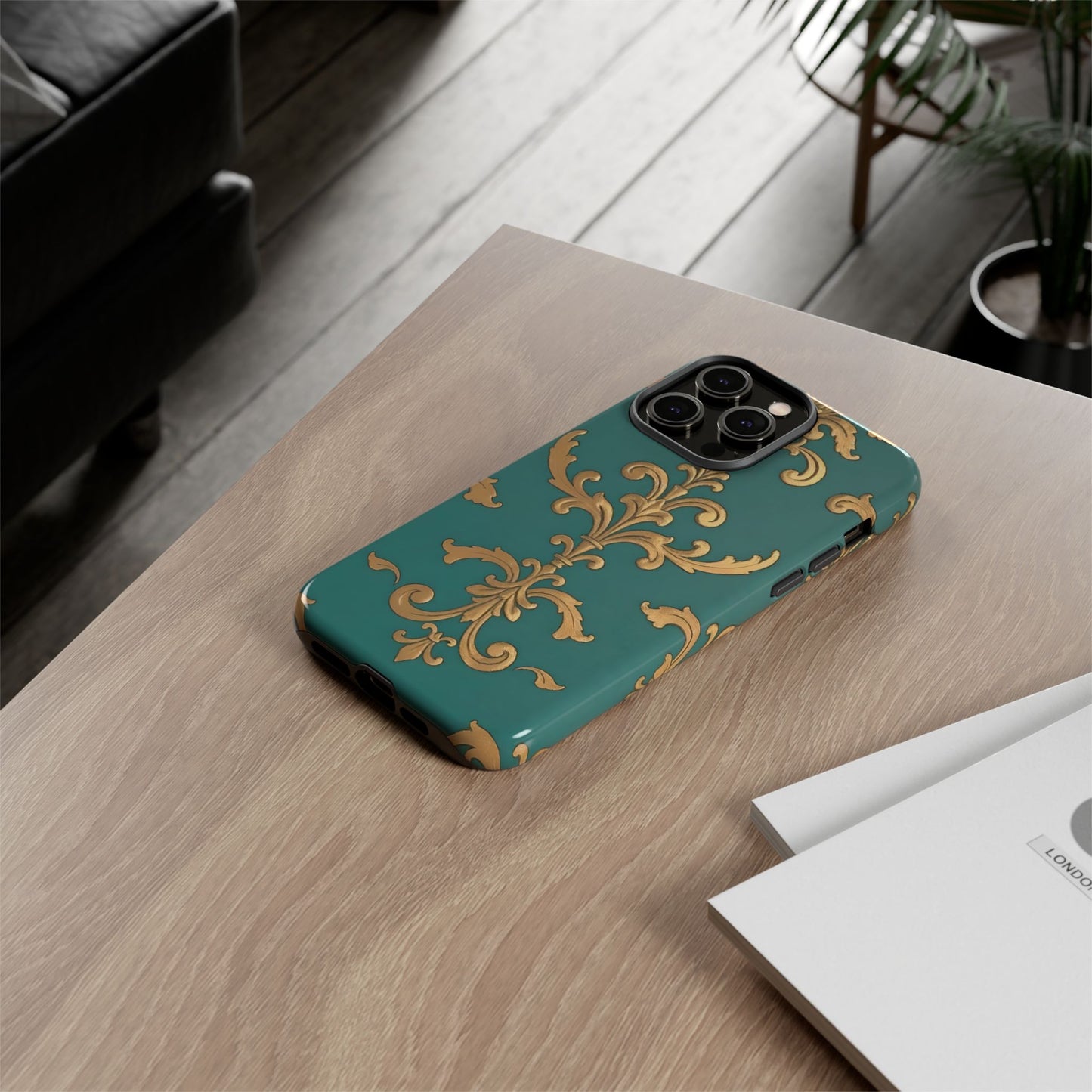 Elegant Floral Motif Phone Case - Tough Cases with Vintage Design - Aqua & Gold Damask