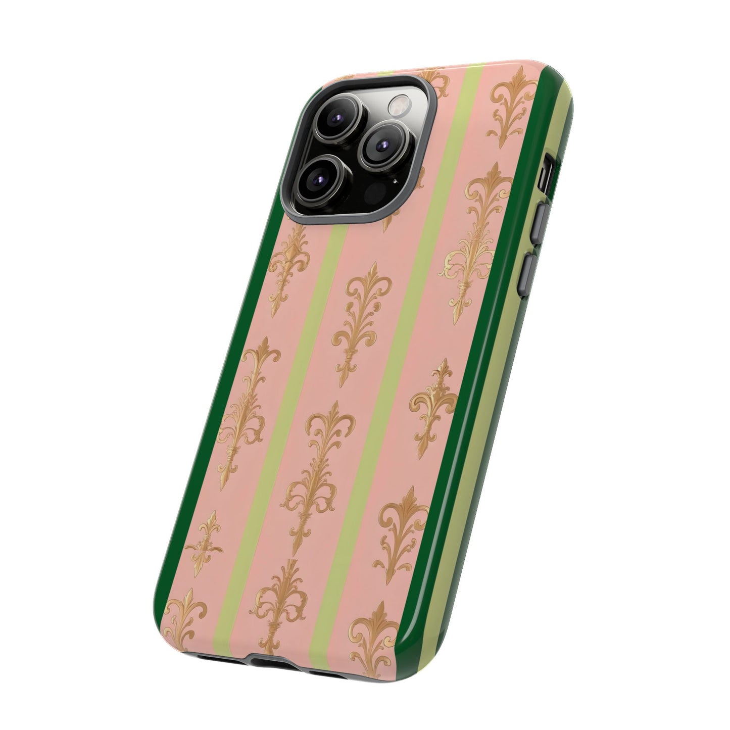 Elegant Floral Motif Phone Case - Tough Cases with Vintage Design - Lime Green & Pink Striped Damask