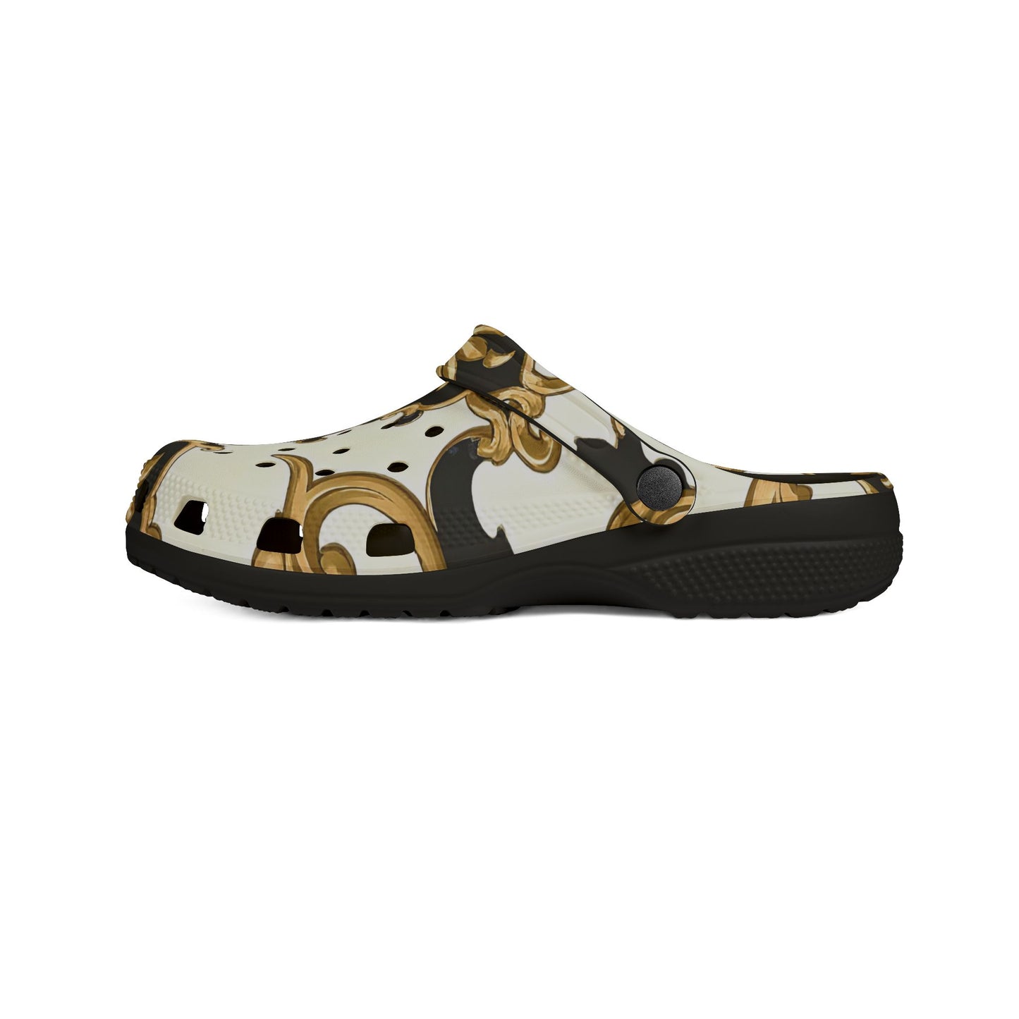 Elegant AOP EVA Foam Rubber Shoes - Stylish Comfort for Home & Outdoors, Trendy Clogs for Fashion Lovers - Black & Gold Rococo