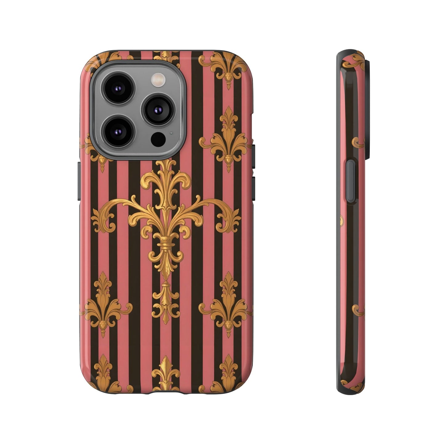 Elegant Floral Motif Phone Case - Tough Cases with Vintage Design - Mauve Striped Gold Damask