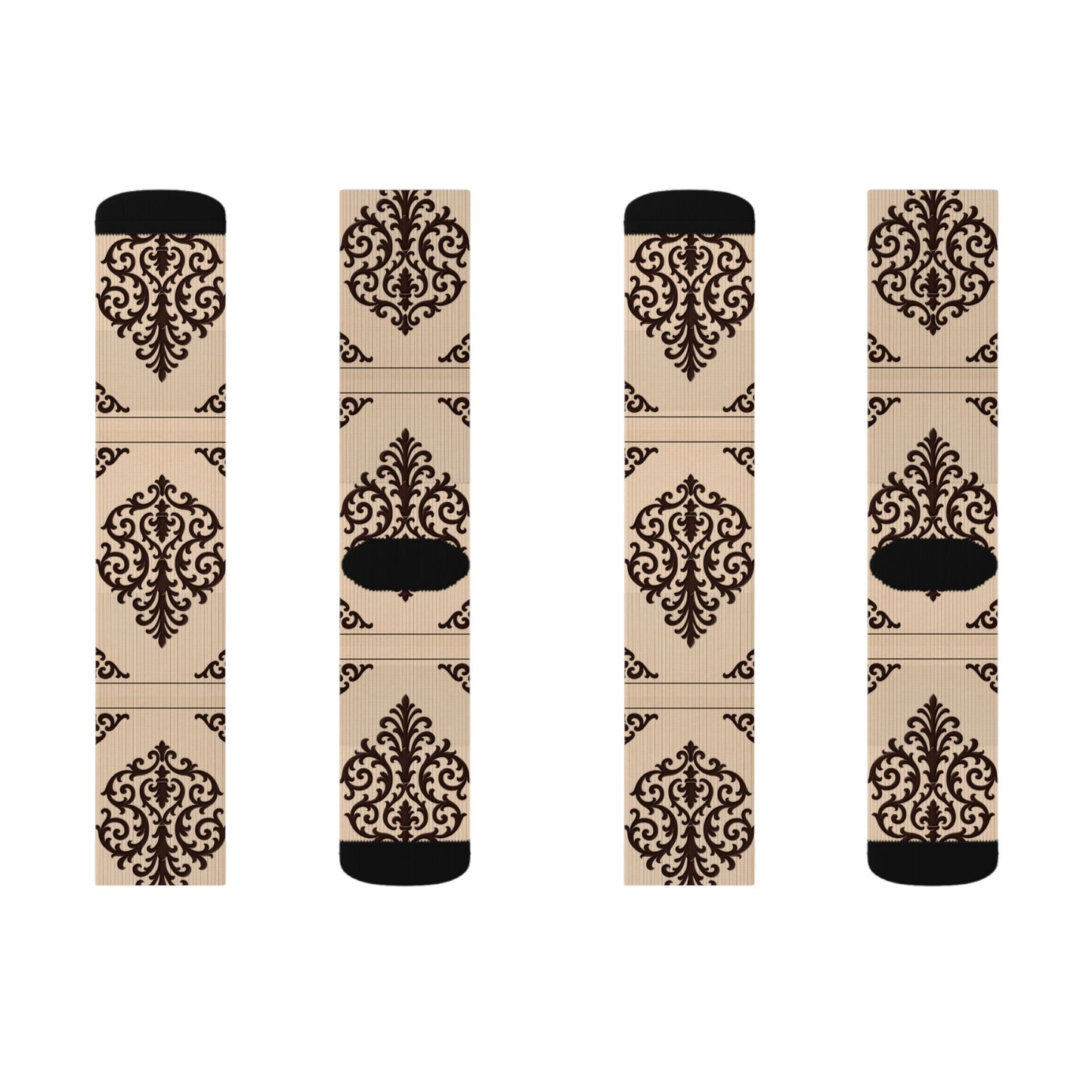 Almond-Beige & Brown Baroque Sublimation Socks – Vintage Baroque Pattern Crew Socks