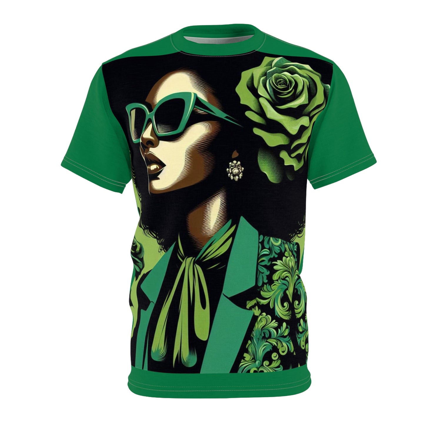 Chic Floral Unisex Tee, Stylish Green Graphic Shirt, Fashion Statement Top, Unique Gift for Fashion Lovers, Casual Wear - Lady in Green Damask