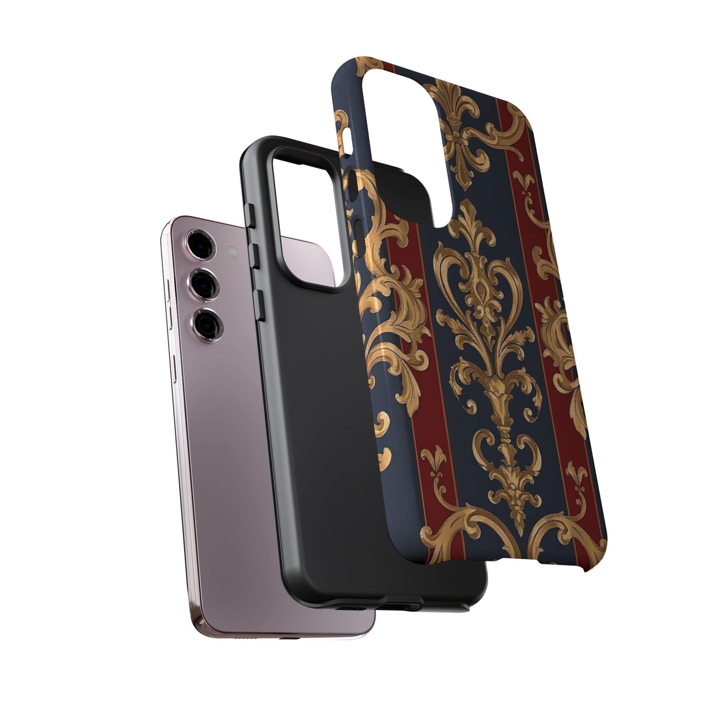 Elegant Floral Motif Phone Case - Tough Cases with Vintage Design - Midnight Blue & Dusk Red Striped Gold Damask