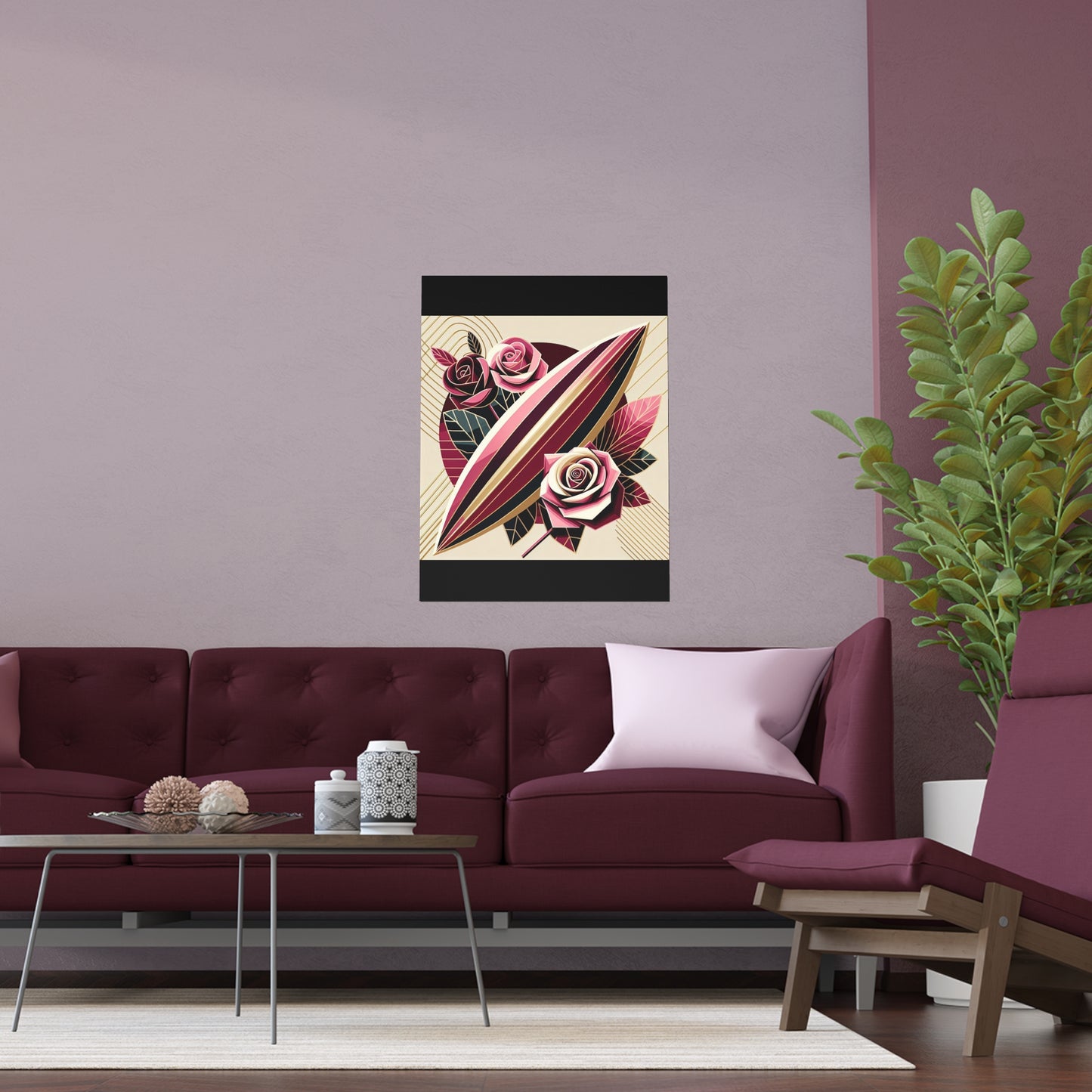 Elegant Floral Silk Poster - Indoor/Outdoor Wall Art for Home Decor - Pink & Burgundy Striped Surfboard & Roses