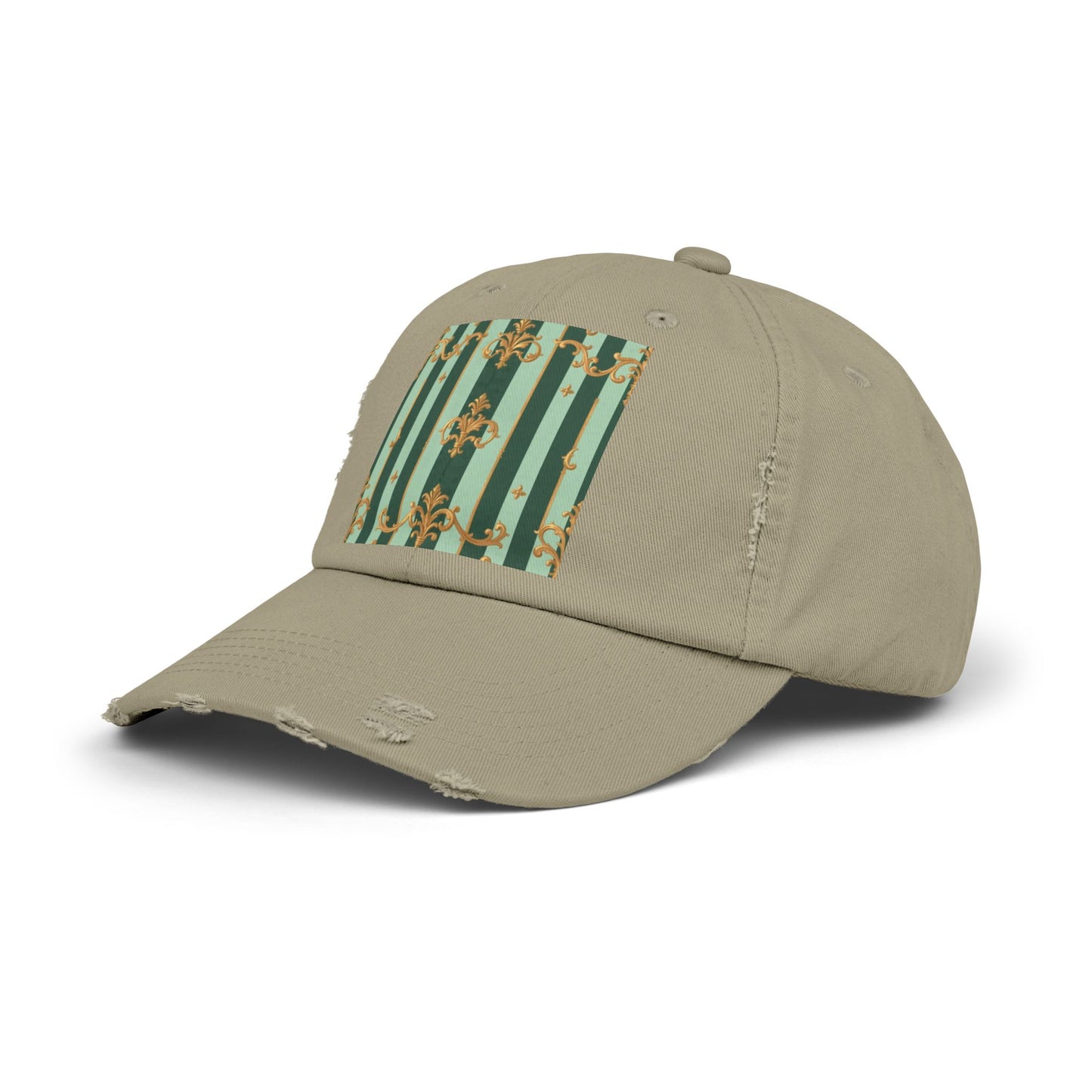 Vintage Chic Unisex Distressed Cap - Fashion Hat, Casual Headwear, Trendy Accessory, Gift for Him/Her - Mint Green & Teal Striped Gold Baroque