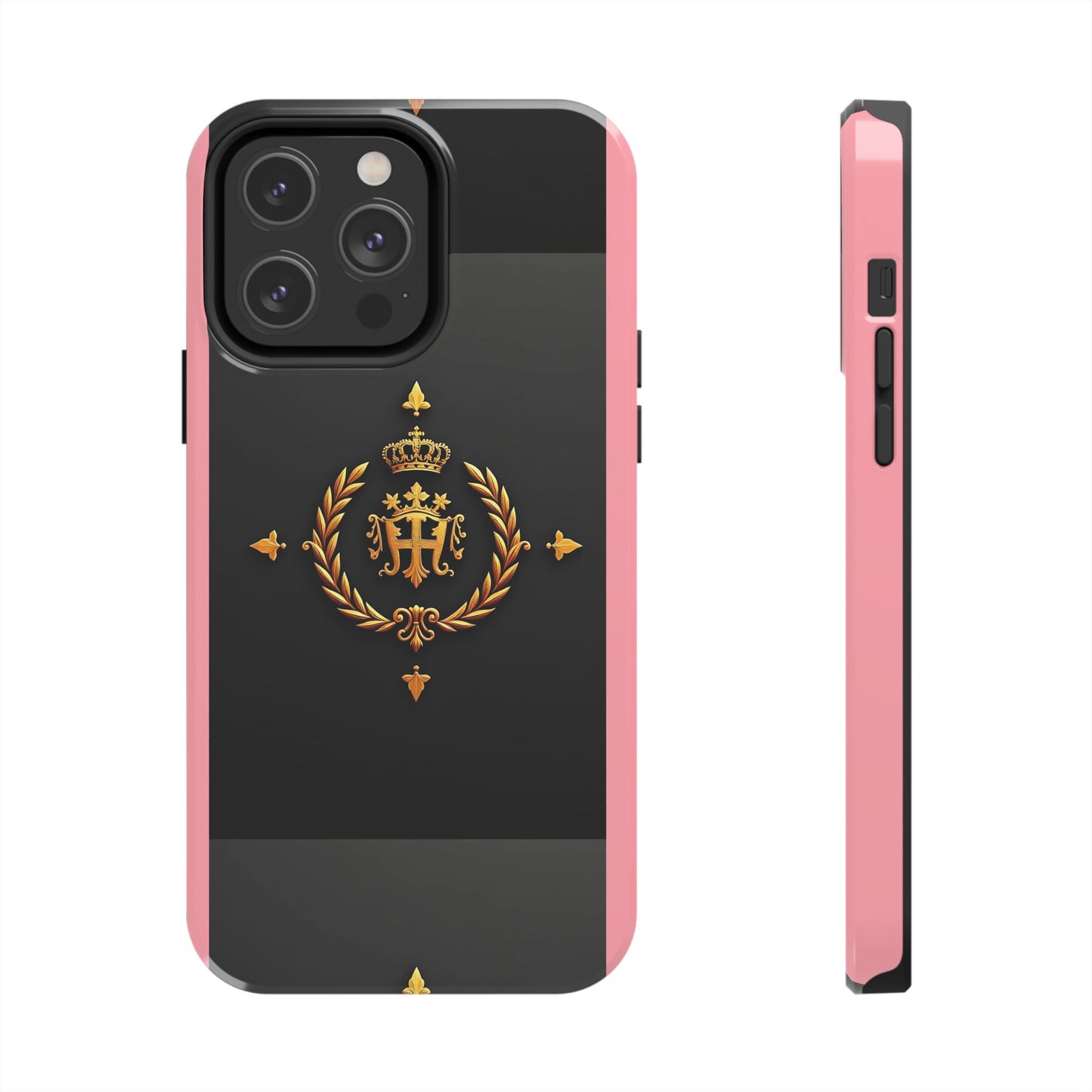 Tough Phone Case with Regal Design - Elegant Phone Protection, Gift for Him/Her, Royalty Inspired - Pink Striped Gold Crest