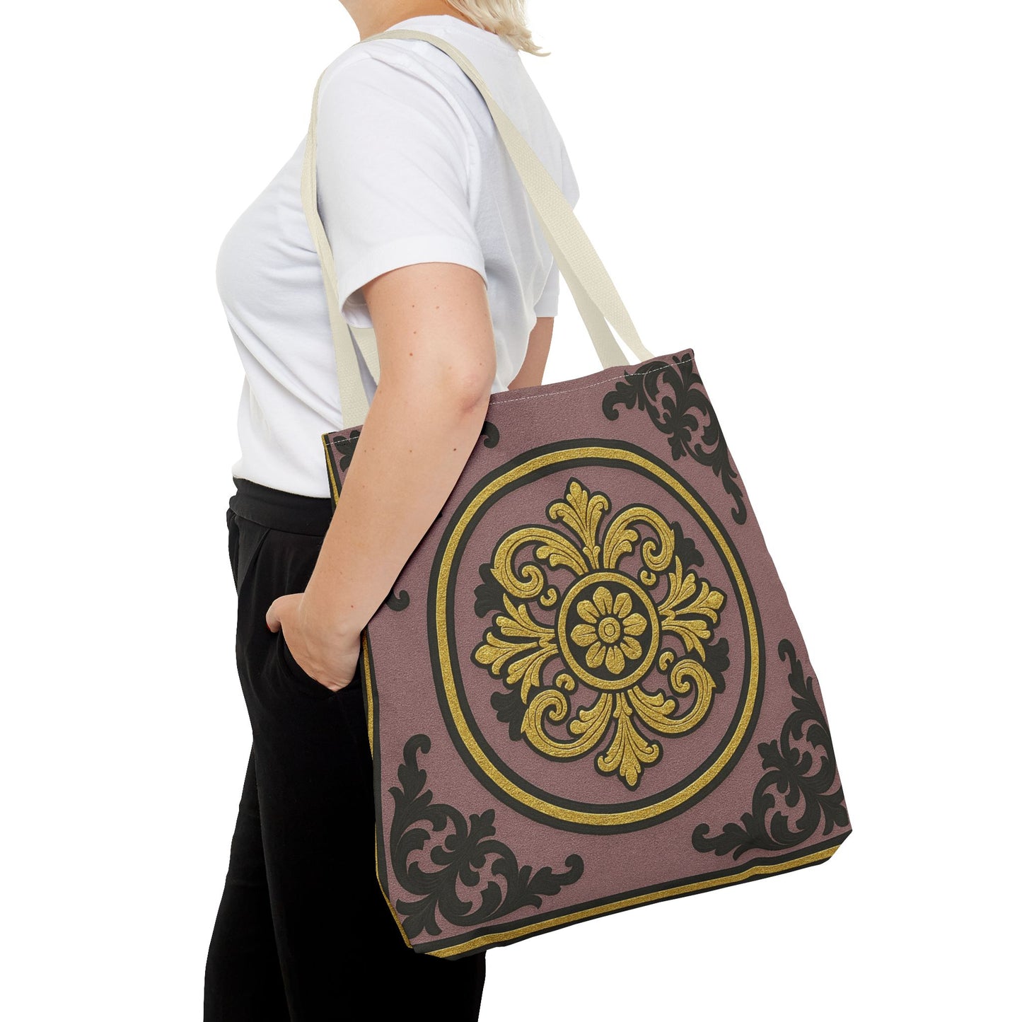 Elegant Gilded Mauve With Gold-Black Baroque Print Tote Bag, Reusable Shopping Tote, Gift for Her, Weekend Bag, Eco-Friendly Handbag