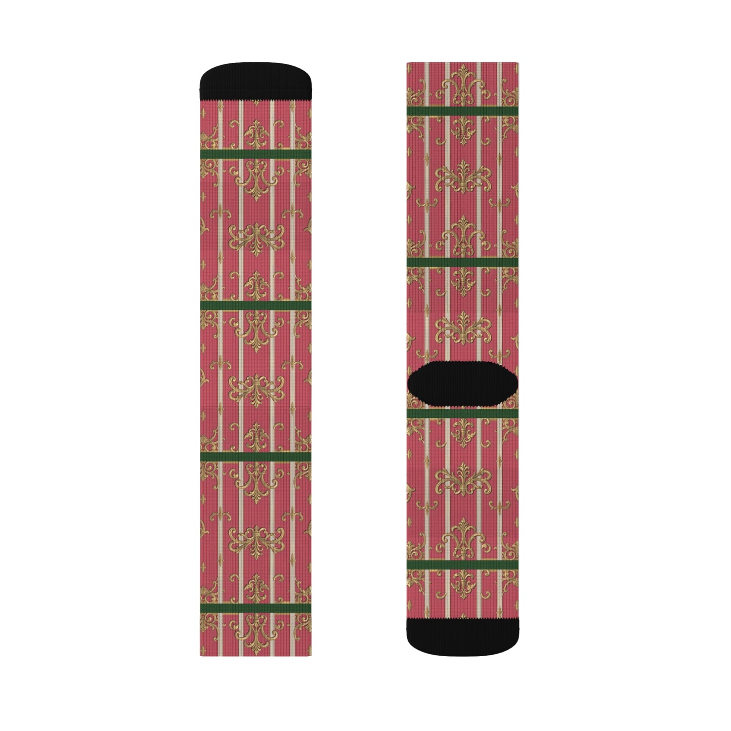 Green Border Pink Striped Baroque Socks, Holiday Gift Socks, Cozy Winter Socks, Christmas Socks, Unique Sublimated Socks