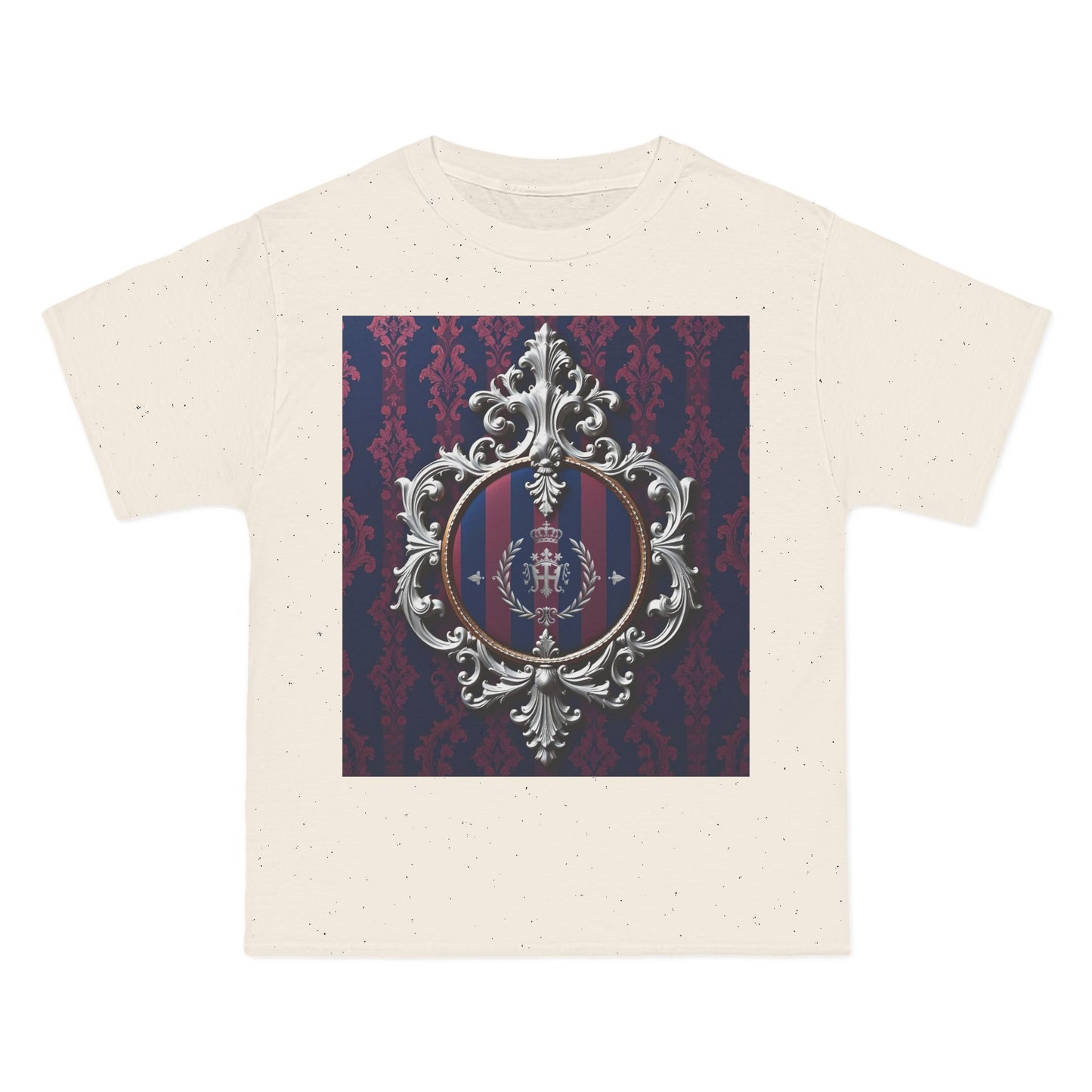 Elegant Unisex Graphic T-Shirt - Vintage Inspired, Casual Wear, Unique Gift, Art Tee, Fashion Statement - Blue & Plum Striped Silver Crest