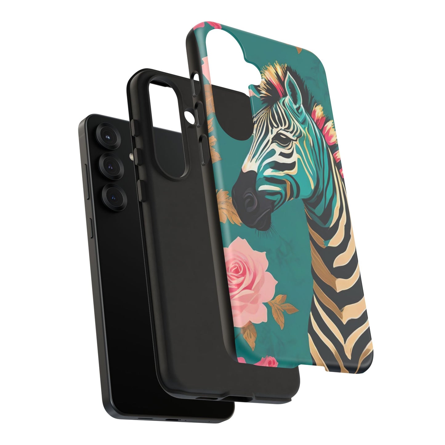 Phone Case - Elegant Teal & Gold Zebra & Roses Design