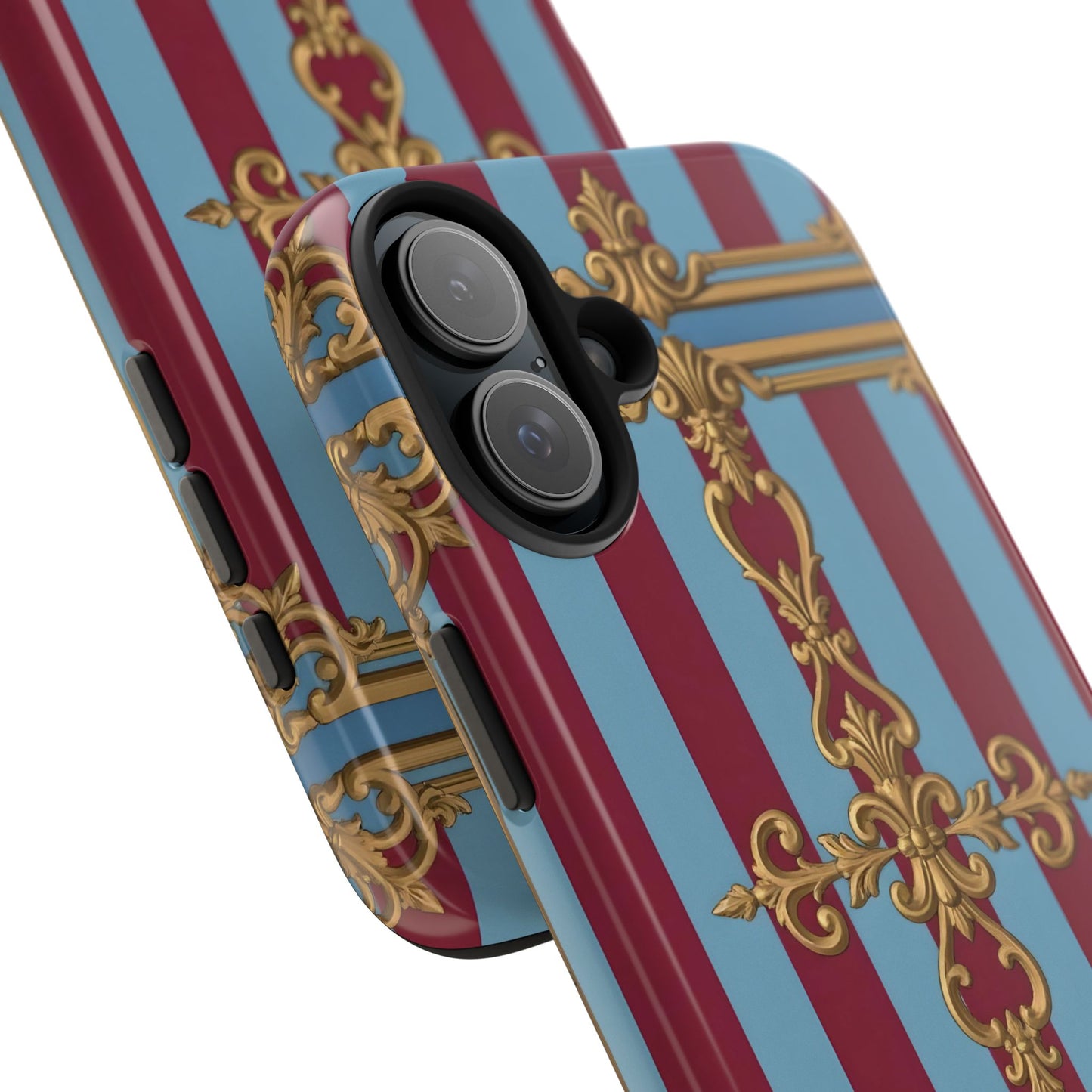 Elegant Patterned Tough Phone Cases, Stylish Phone Cover, Durable Phone Protection, Unique Gift Idea - Sky Blue & Maroon Striped Baroque