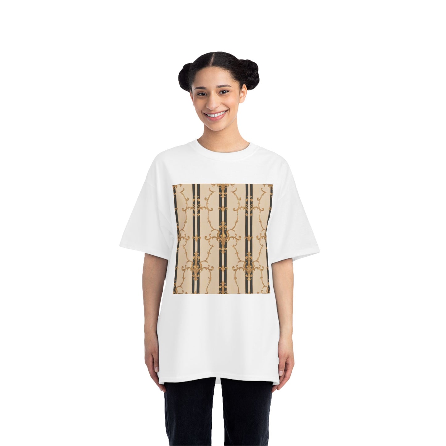 Stylish Graphic Tee for Casual Wear, Fashionable Short-Sleeve Shirt, Unique Summer Top - Black & Beige Striped Damask